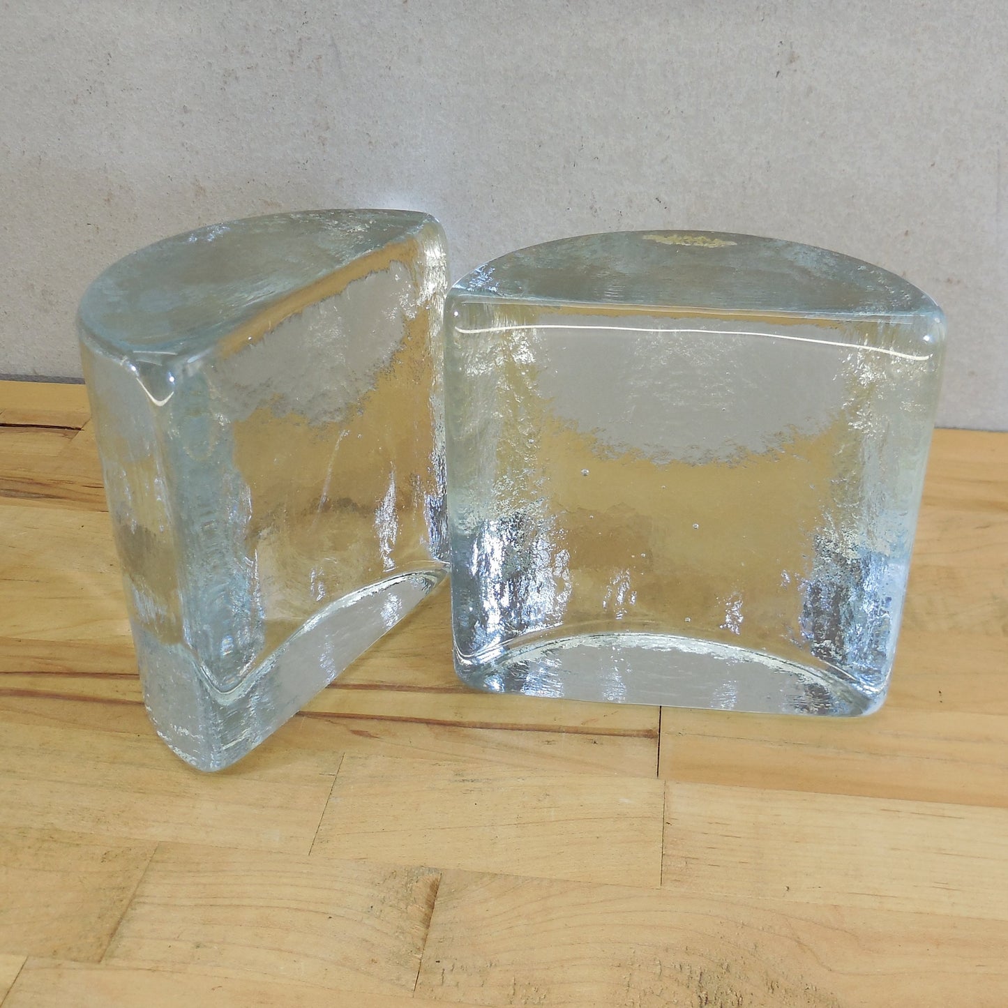 Blenko Glass USA Pair Half Moon Bookends Clear Blue Tint Label Used