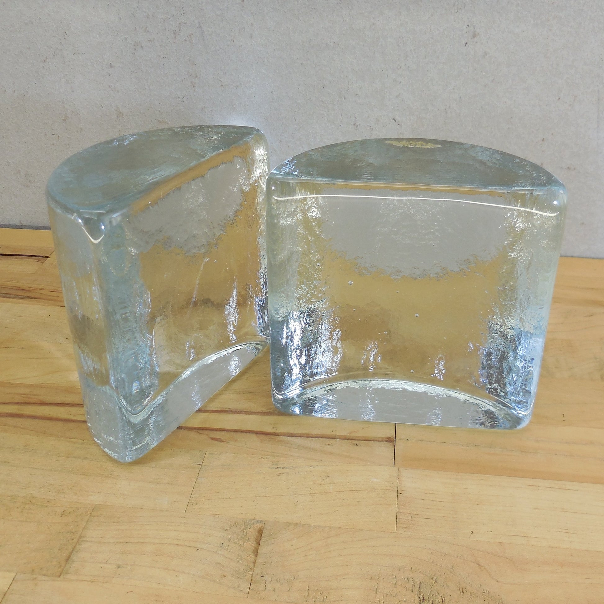 Blenko Glass USA Pair Half Moon Bookends Clear Blue Tint Label Used