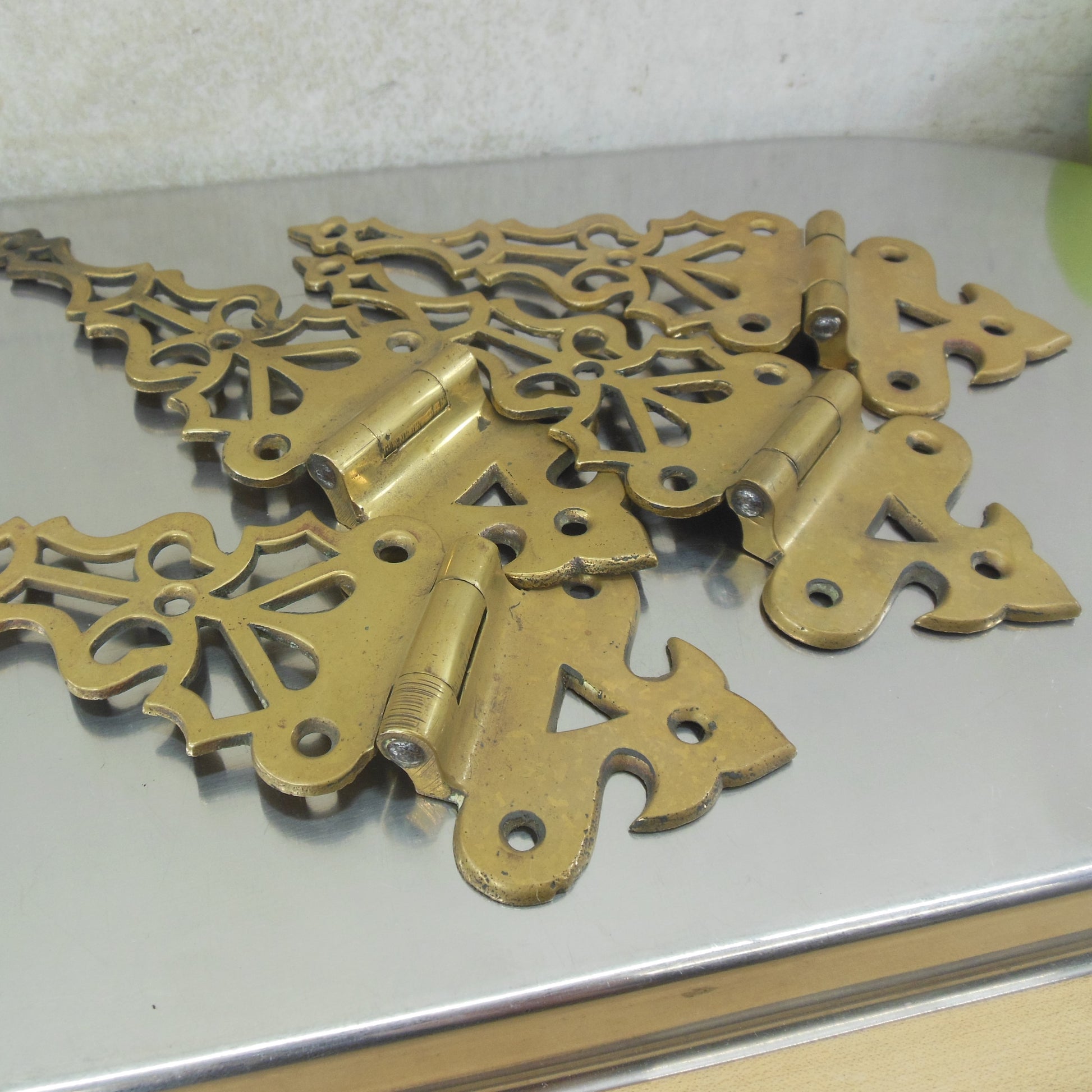 Fancy Ornate Brass Ice Box Cabinet Hinges 3/8" Offset - 4 Set Vintage