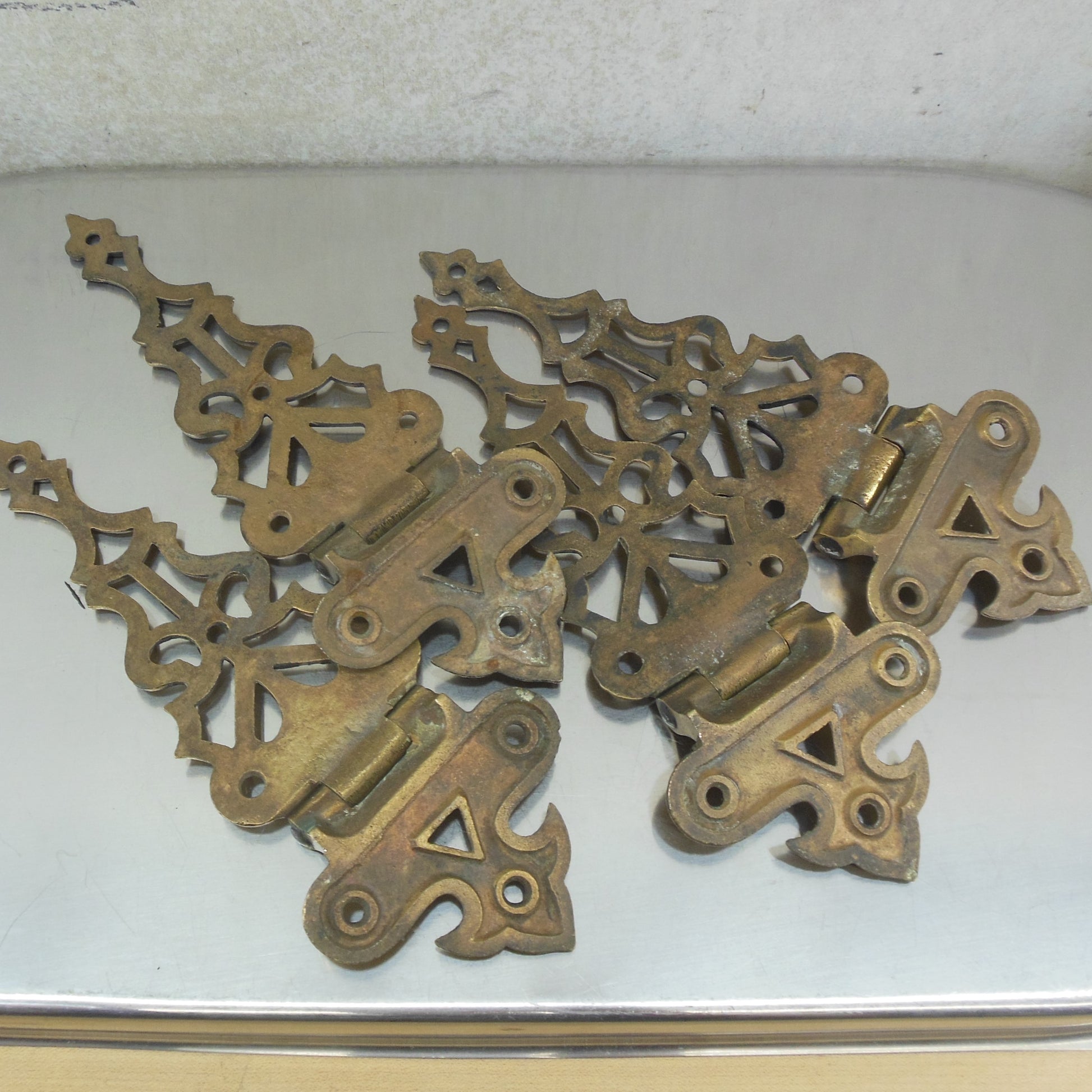 Fancy Ornate Brass Ice Box Cabinet Hinges 3/8" Offset - 4 Set Used