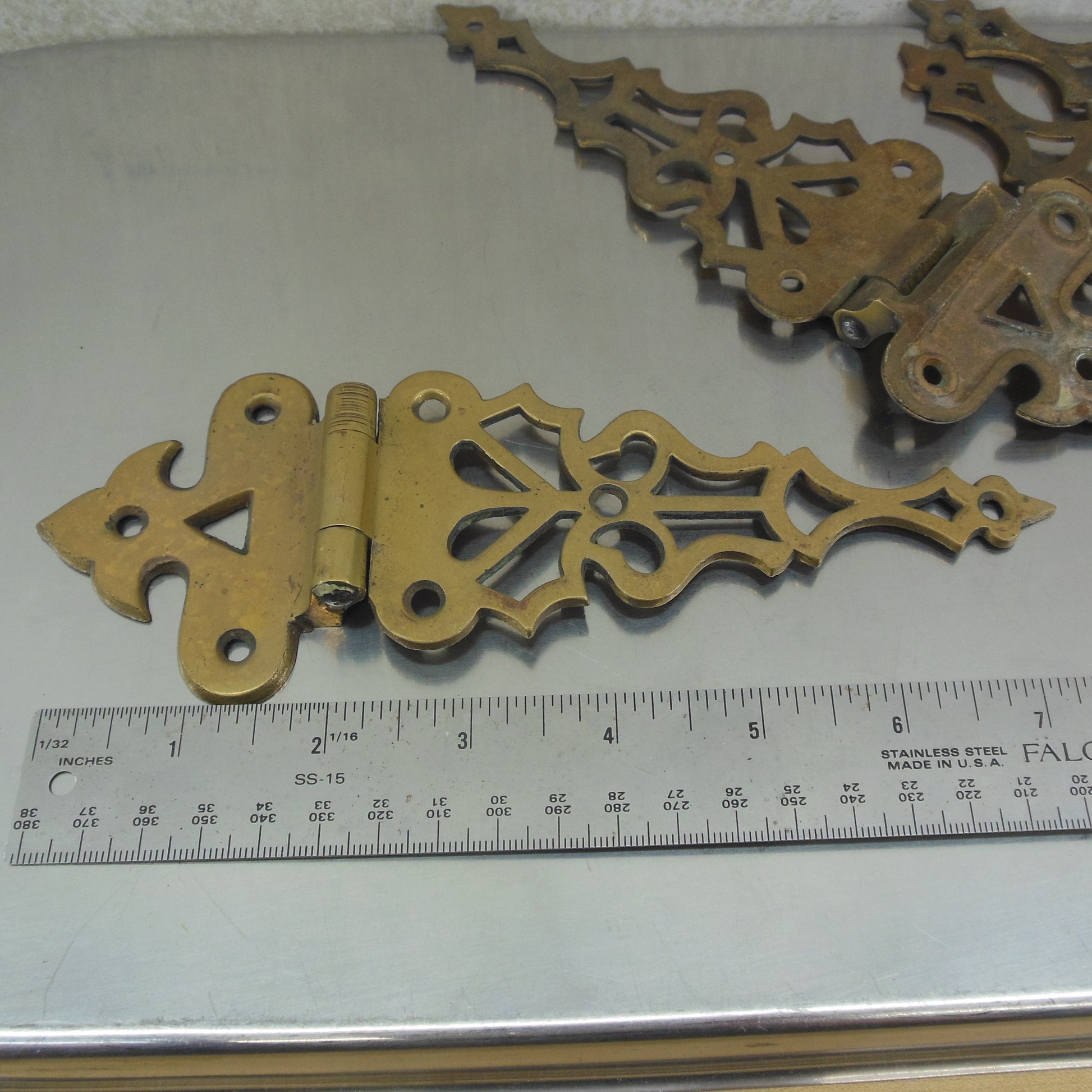 Fancy Ornate Brass Ice Box Cabinet Hinges 3/8" Offset - 4 Set 7-3/4"