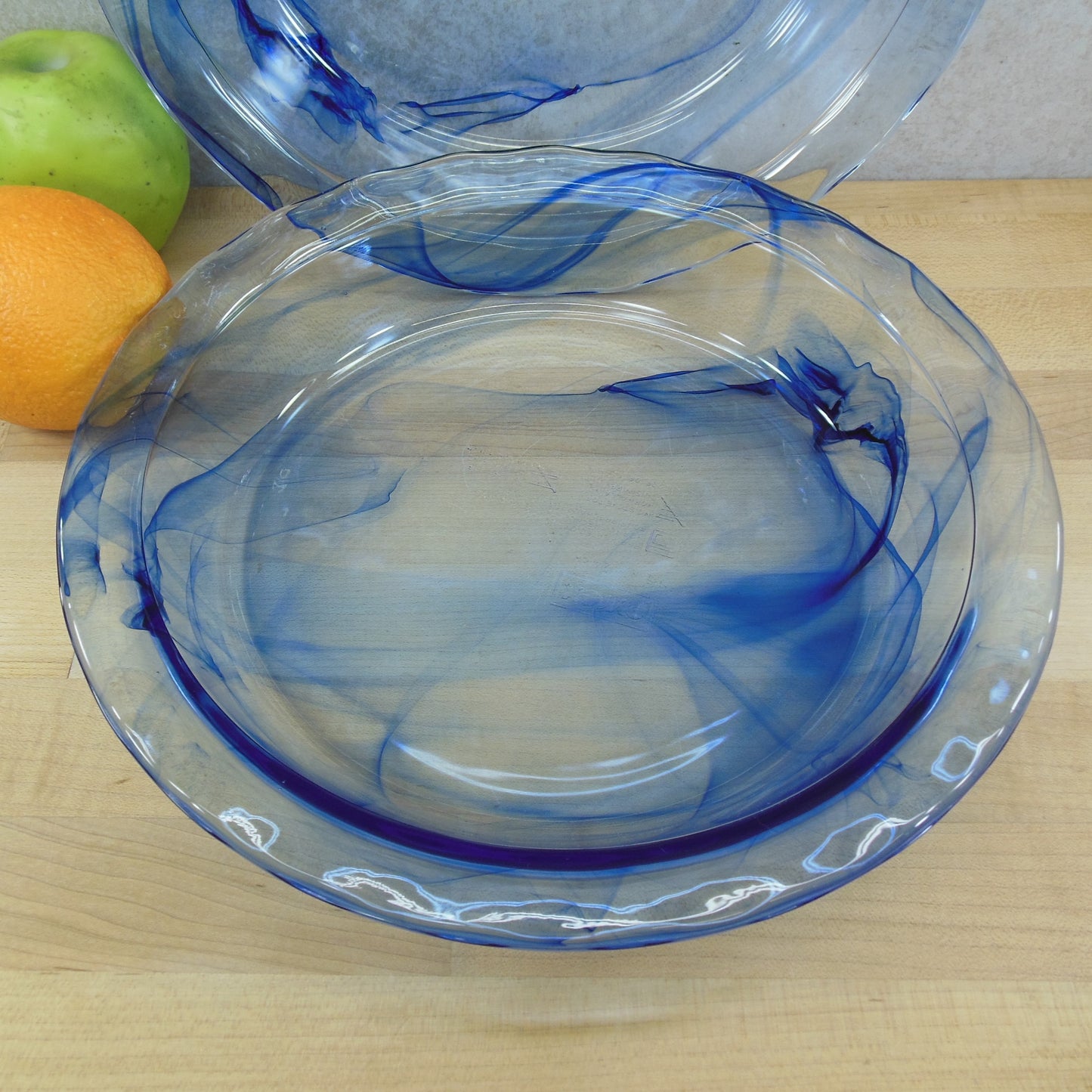 Pyrex USA Glass Pair Swirl Blue Lagoon Pie Plate Dishes 9.5" fluted