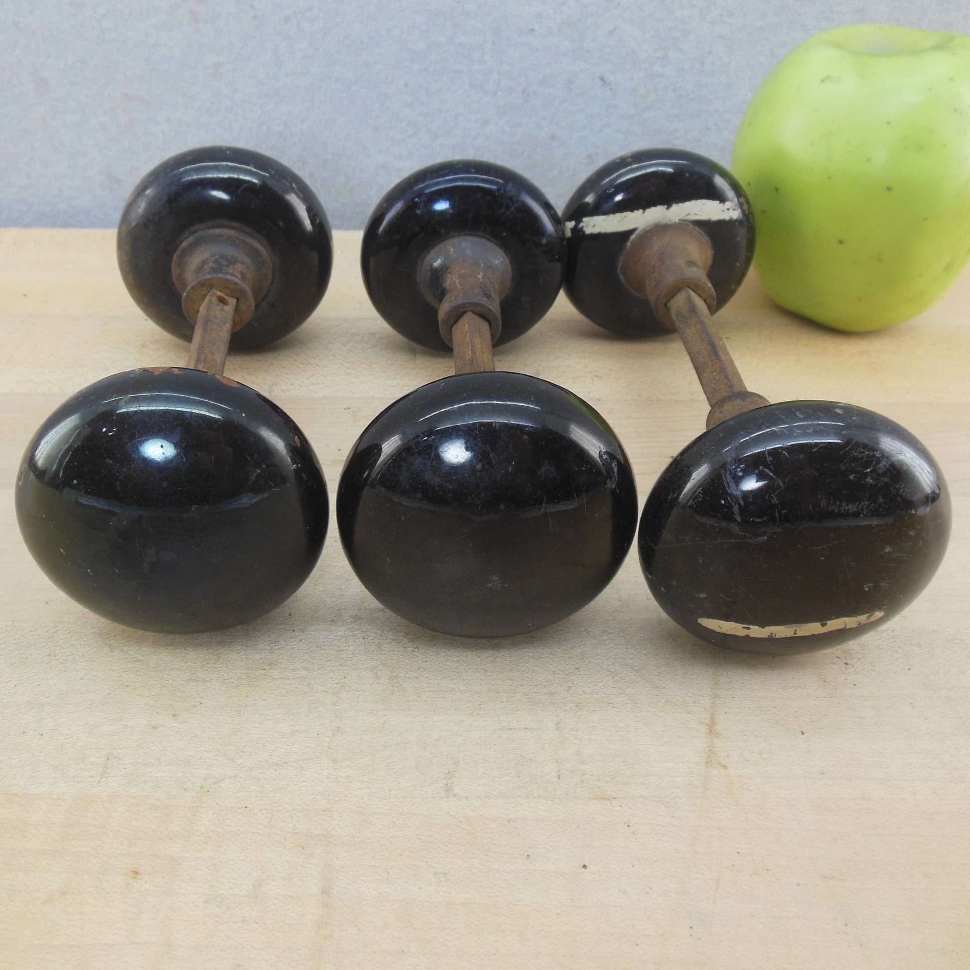 Antique 3 Lot Black Porcelain Door Knob Sets Mortise Lockset - Unrestored Salvaged