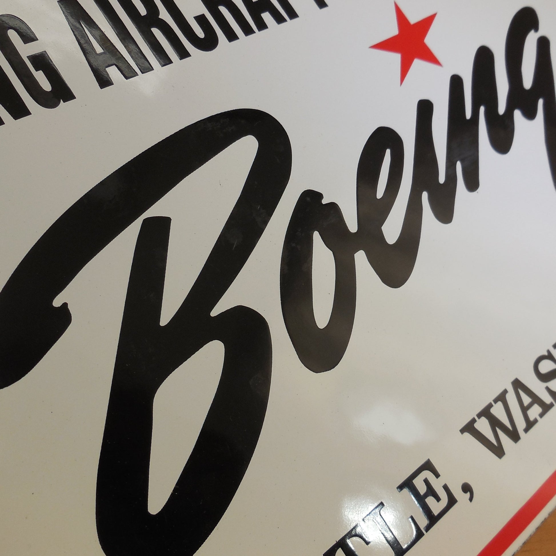 Boeing Aircraft Co. Seattle Heavy Porcelain Steel Sign 9x12 red black white