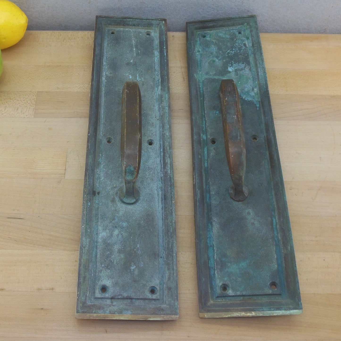 Antique Verdigris Bronze Large Door Pull Handle Set 3.75" x 15.5" Unrestored