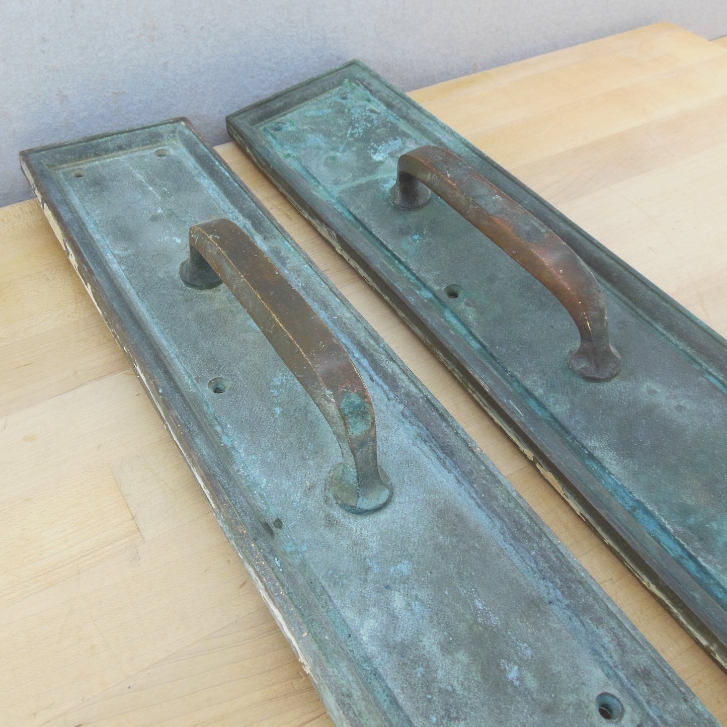 Antique Verdigris Bronze Large Door Pull Handle Set 3.75" x 15.5" Unrestored Victorian