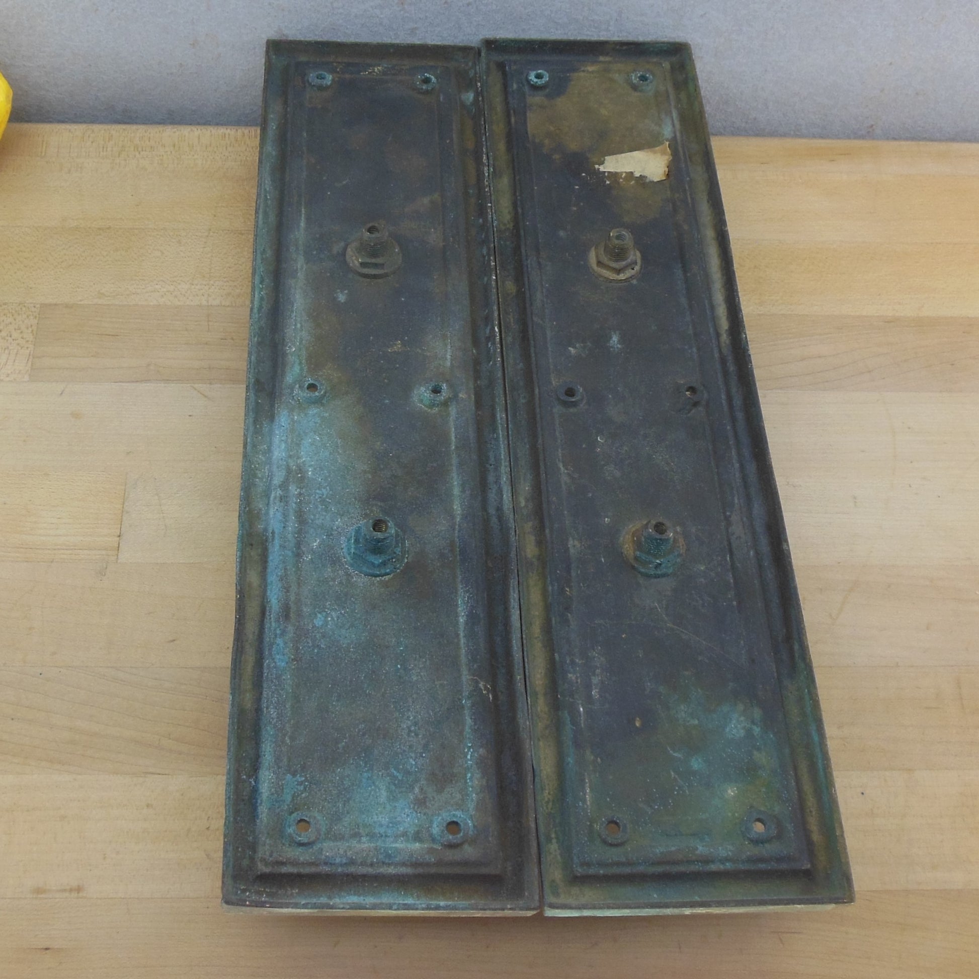 Antique Verdigris Bronze Large Door Pull Handle Set 3.75" x 15.5" Unrestored Used
