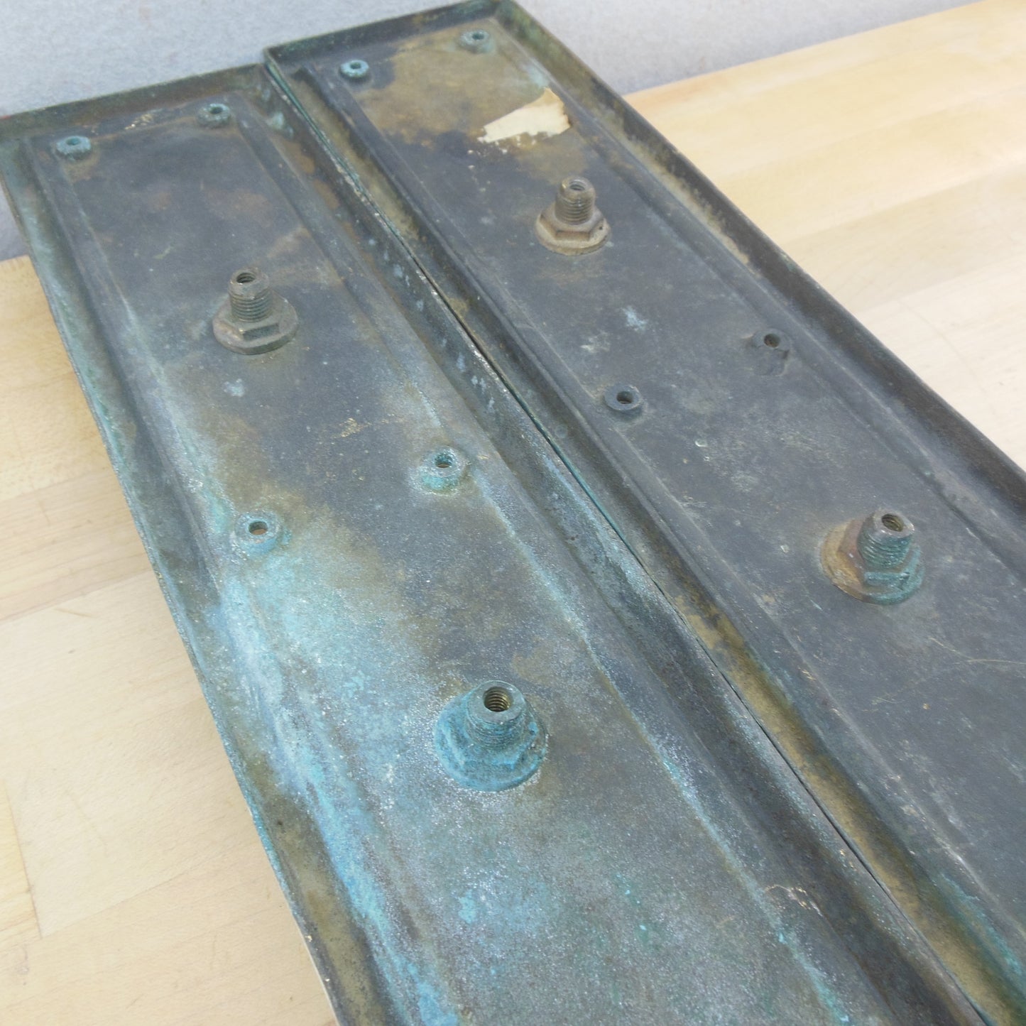 Antique Verdigris Bronze Large Door Pull Handle Set 3.75" x 15.5" Unrestored rectangular Commercial