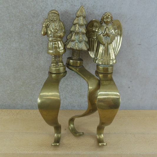 Solid Brass Christmas Stocking Hook Hangers Mantel - Santa Tree Angel