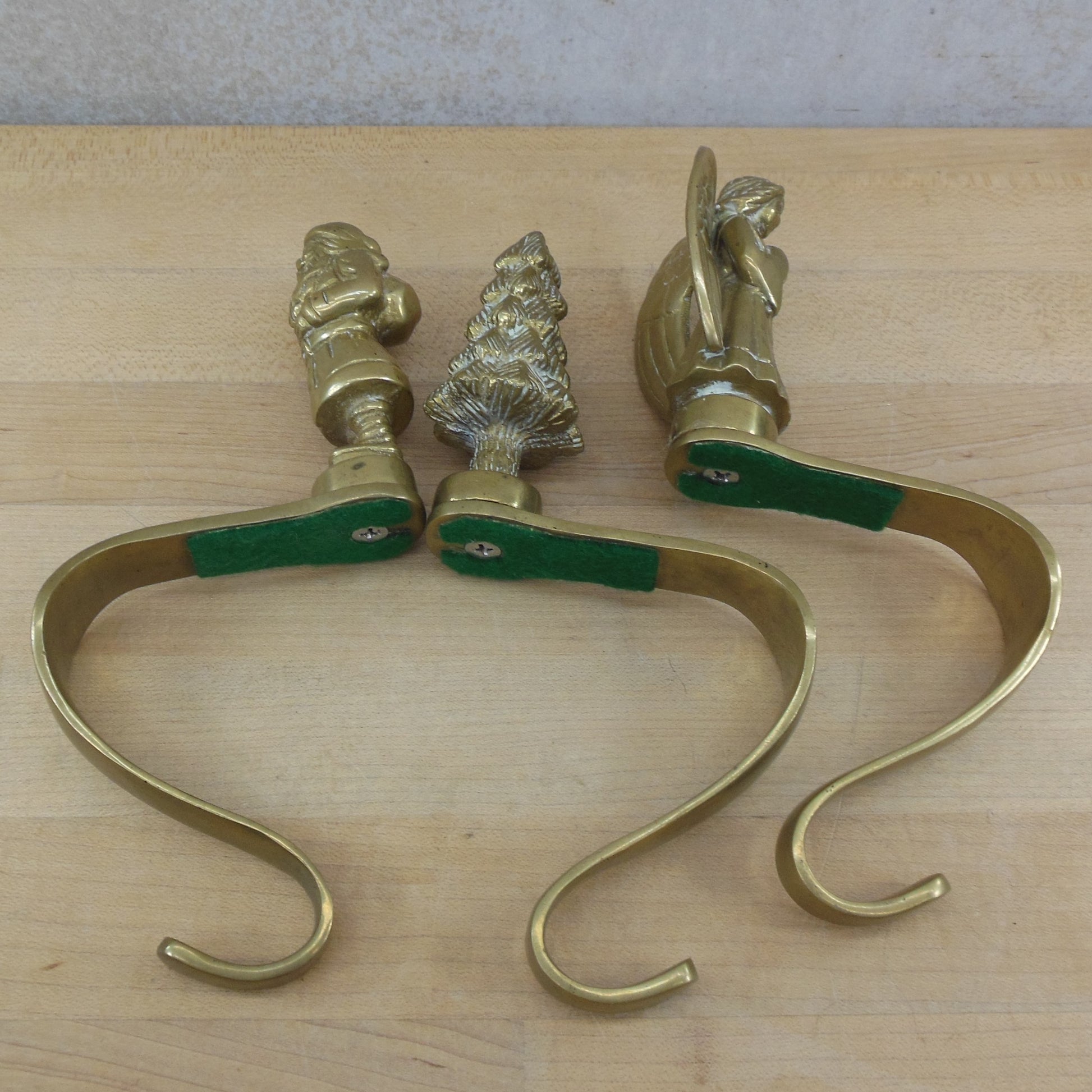 Solid Brass Christmas Stocking Hook Hangers Mantel - Santa Tree Angel used
