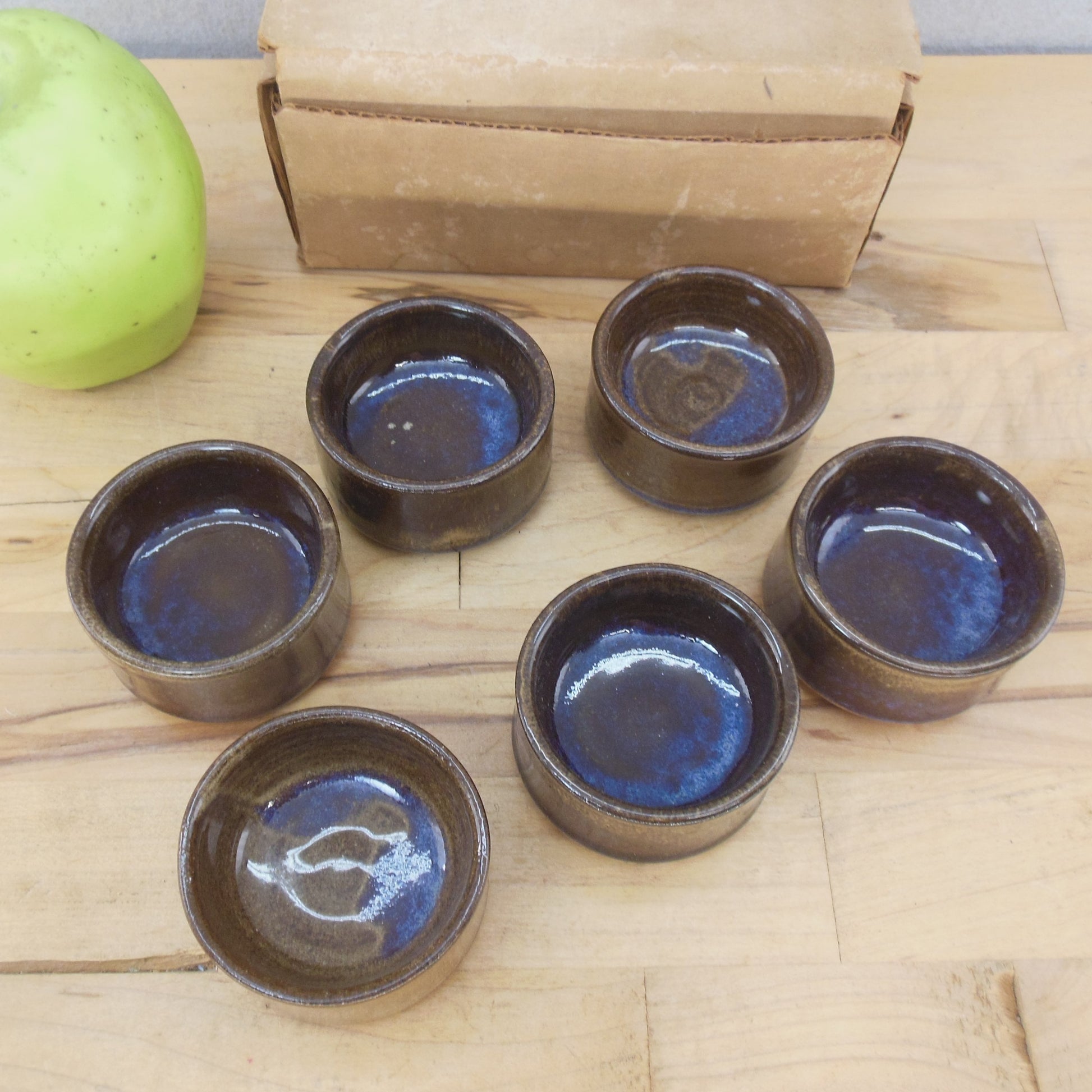 Briglin Studio Pottery Small Tea Saki Sushi Cups Dish Brown Blue Vintage