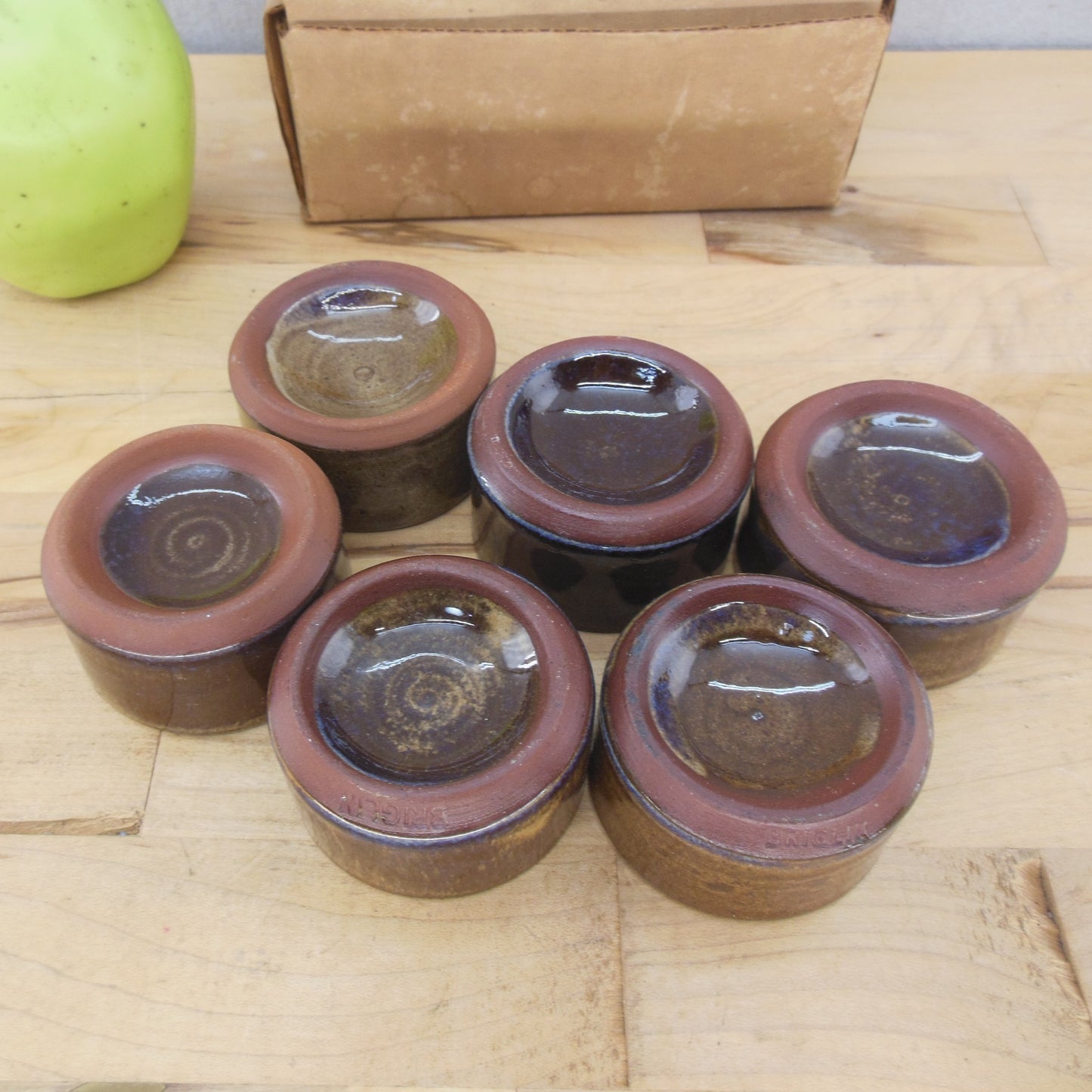 Briglin Studio Pottery Small Tea Saki Sushi Cups Dish Brown Blue Unused