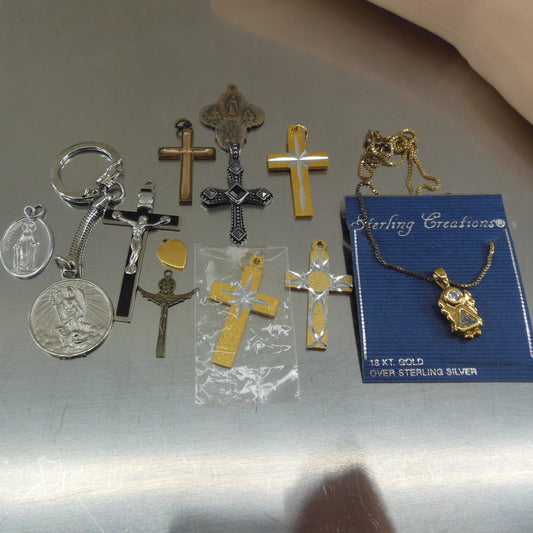 Estate 12 Lot Catholic Cross, Pendant, Necklace, Medals