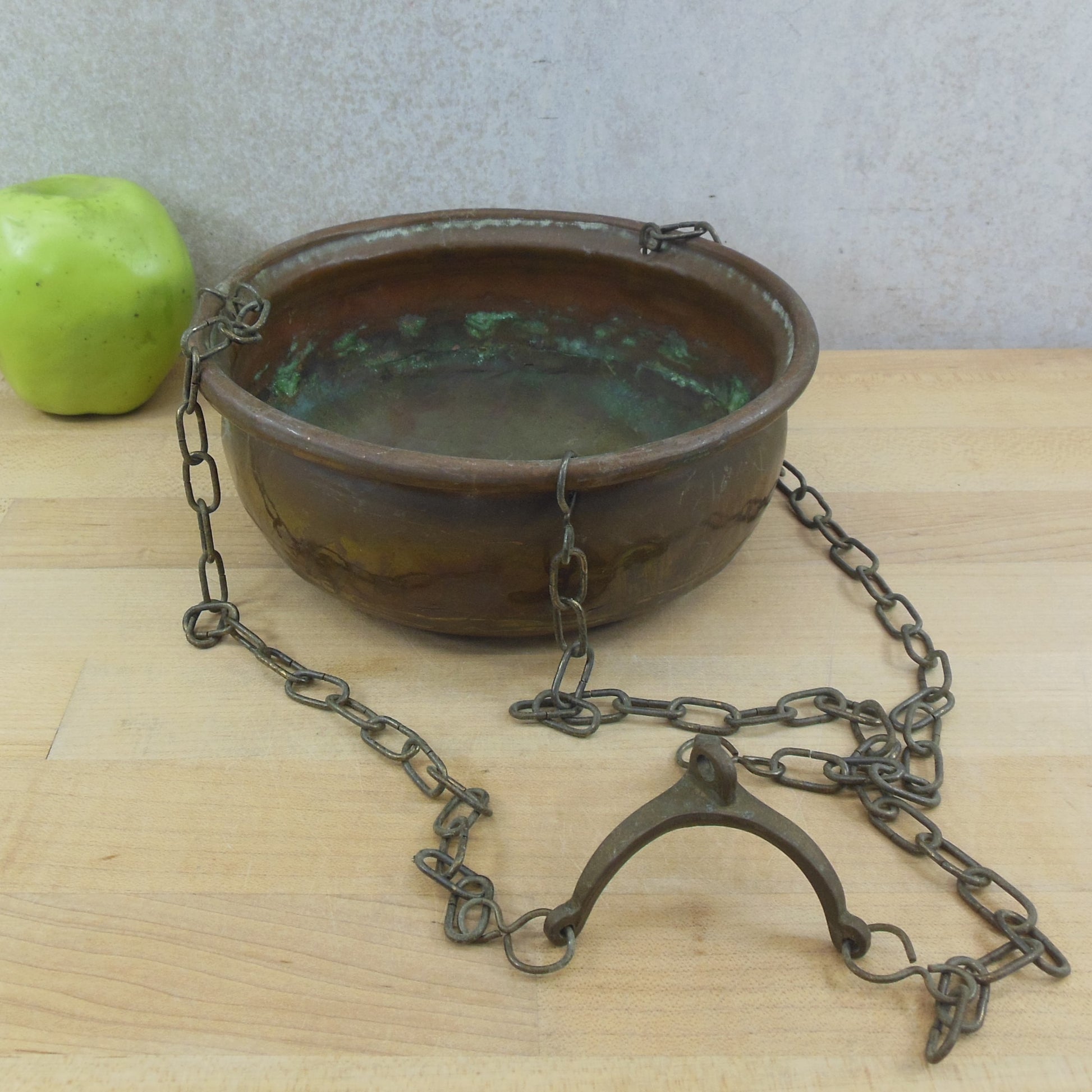 Antique Copper Brass Hanging Planter Bowl 3 Chain