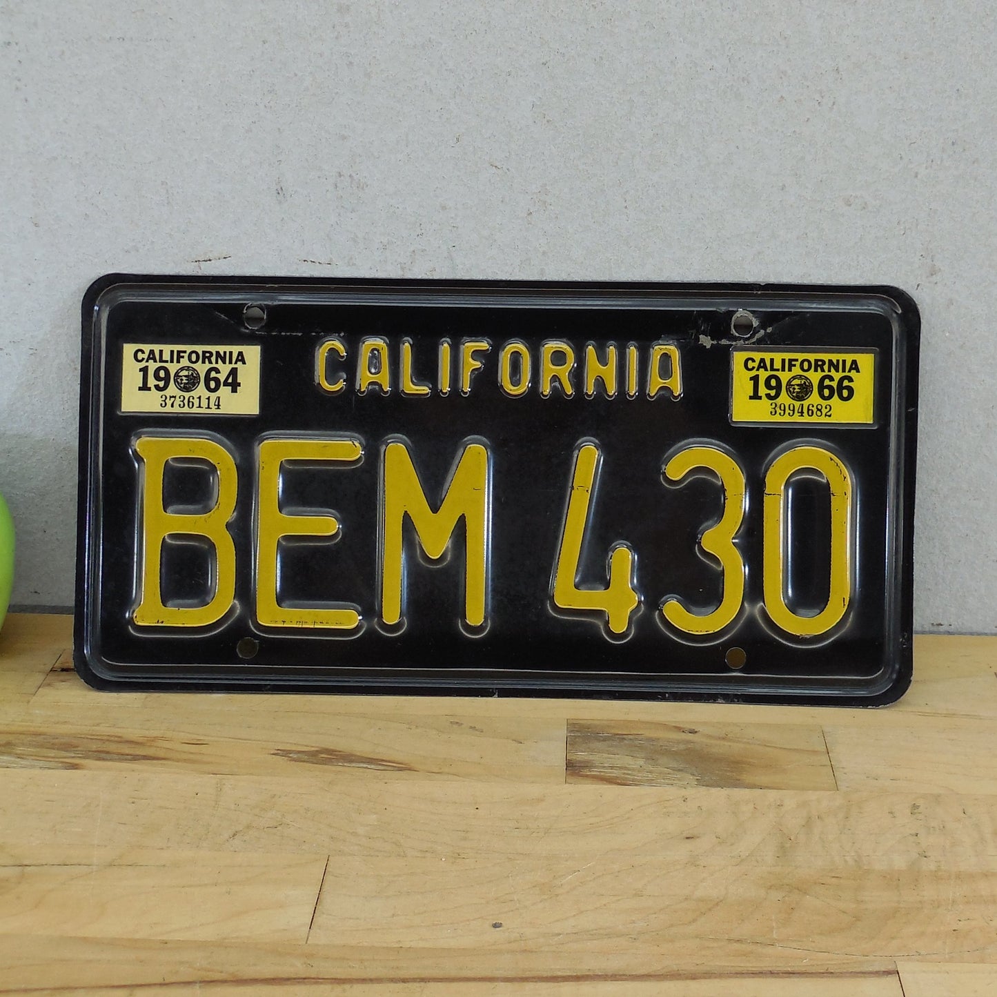 California 1963-64 License Plate Tag Black Yellow BEM-430