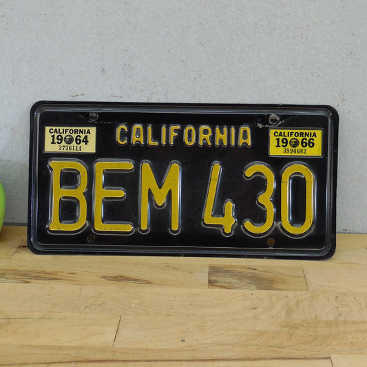 California 1963-64 License Plate Tag Black Yellow BEM-430