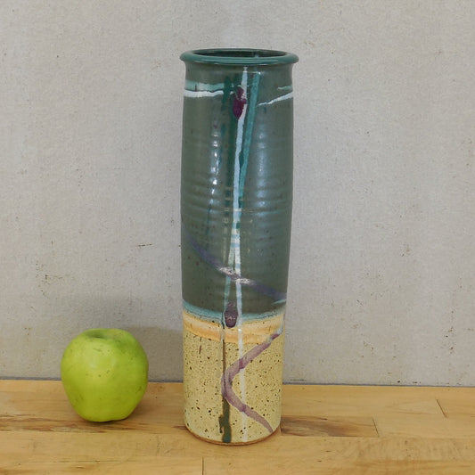 Mark Chamberlain 1991 Stoneware Pottery 13.5" Cylinder Vase Aqua Purple