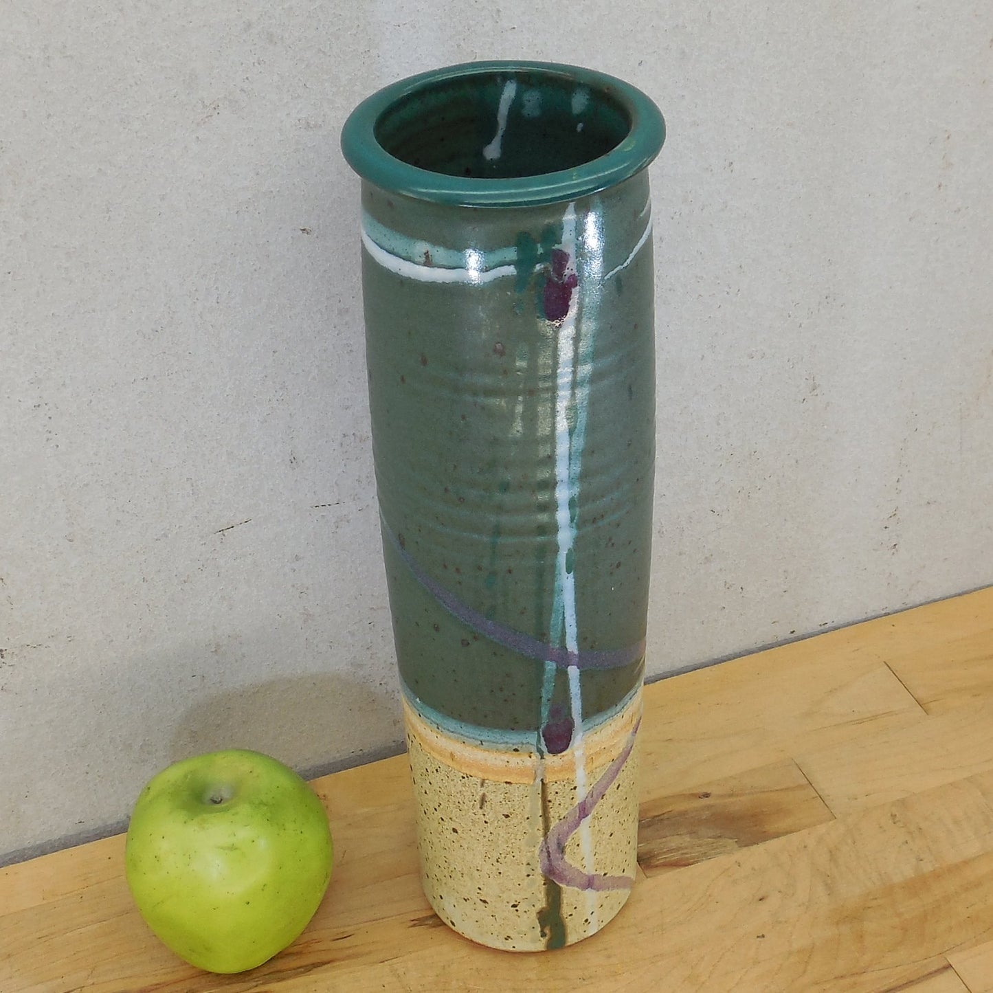 Mark Chamberlain 1991 Stoneware Pottery 13.5" Cylinder Vase Aqua Purple 4"