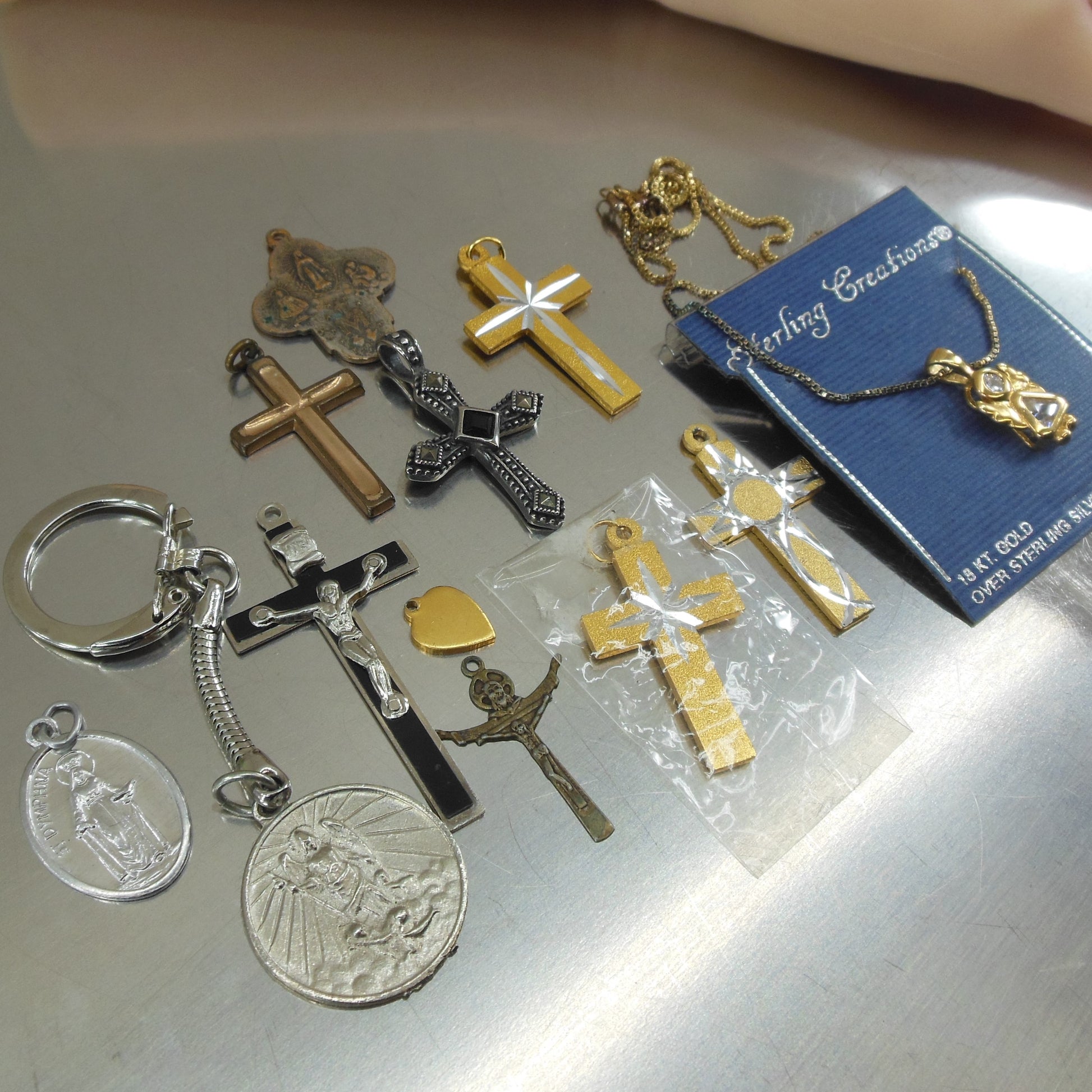 Estate 12 Lot Catholic Cross, Pendant, Necklace, Medals Vintage