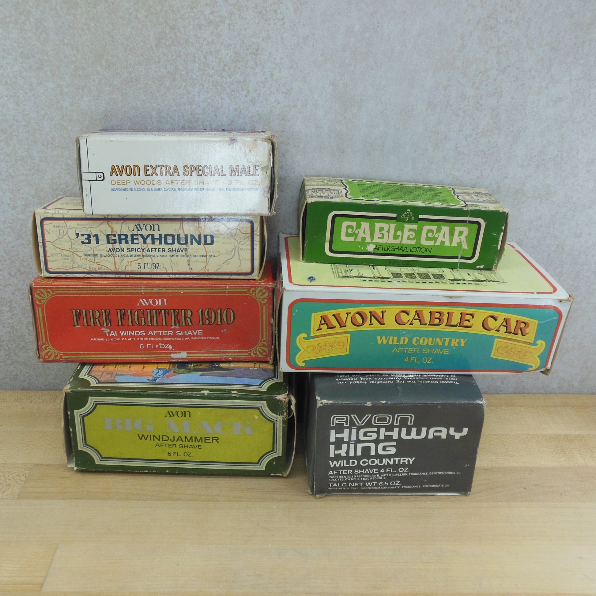 Avon After Shave Bottles Boxed 7 Lot - Mail Greyhound Bus Fire Fighter Cable Car Mack Truck Vintage