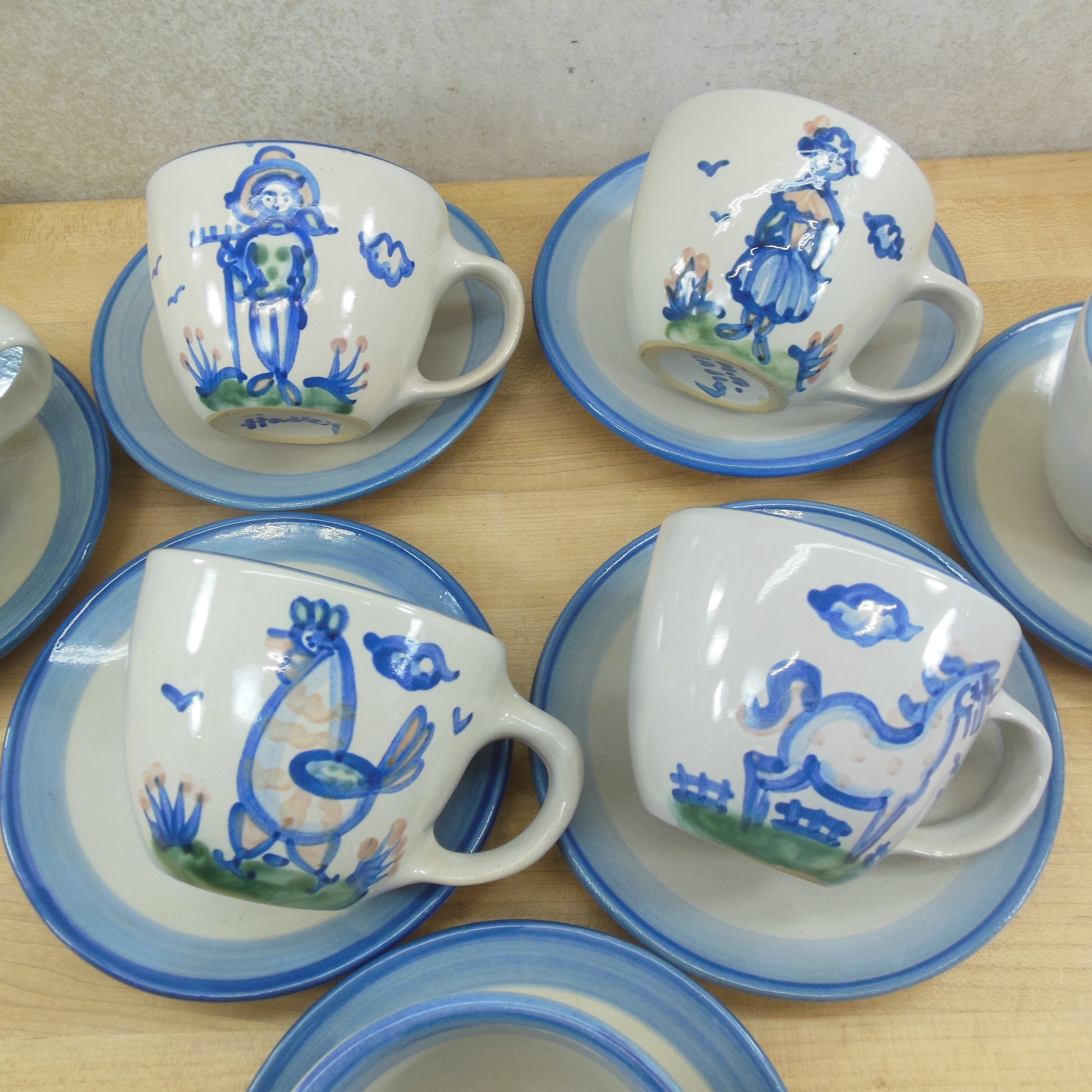 M.A. Hadley Pottery Cup & Saucer Country Farm Animals - 7 Set farmer wife chicken horse
