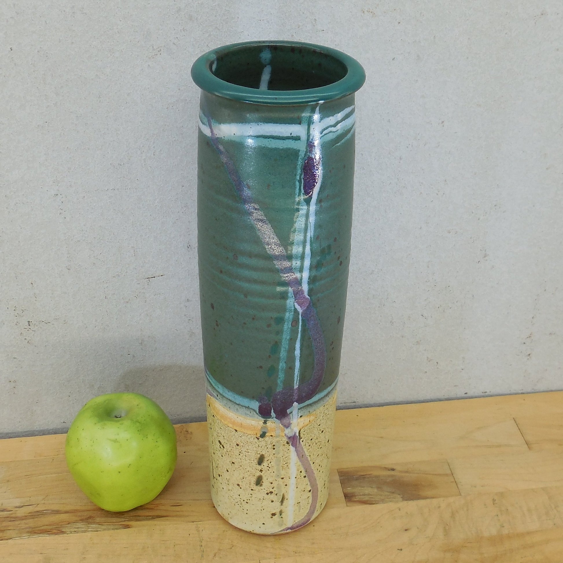 Mark Chamberlain 1991 Stoneware Pottery 13.5" Cylinder Vase Aqua Purple used