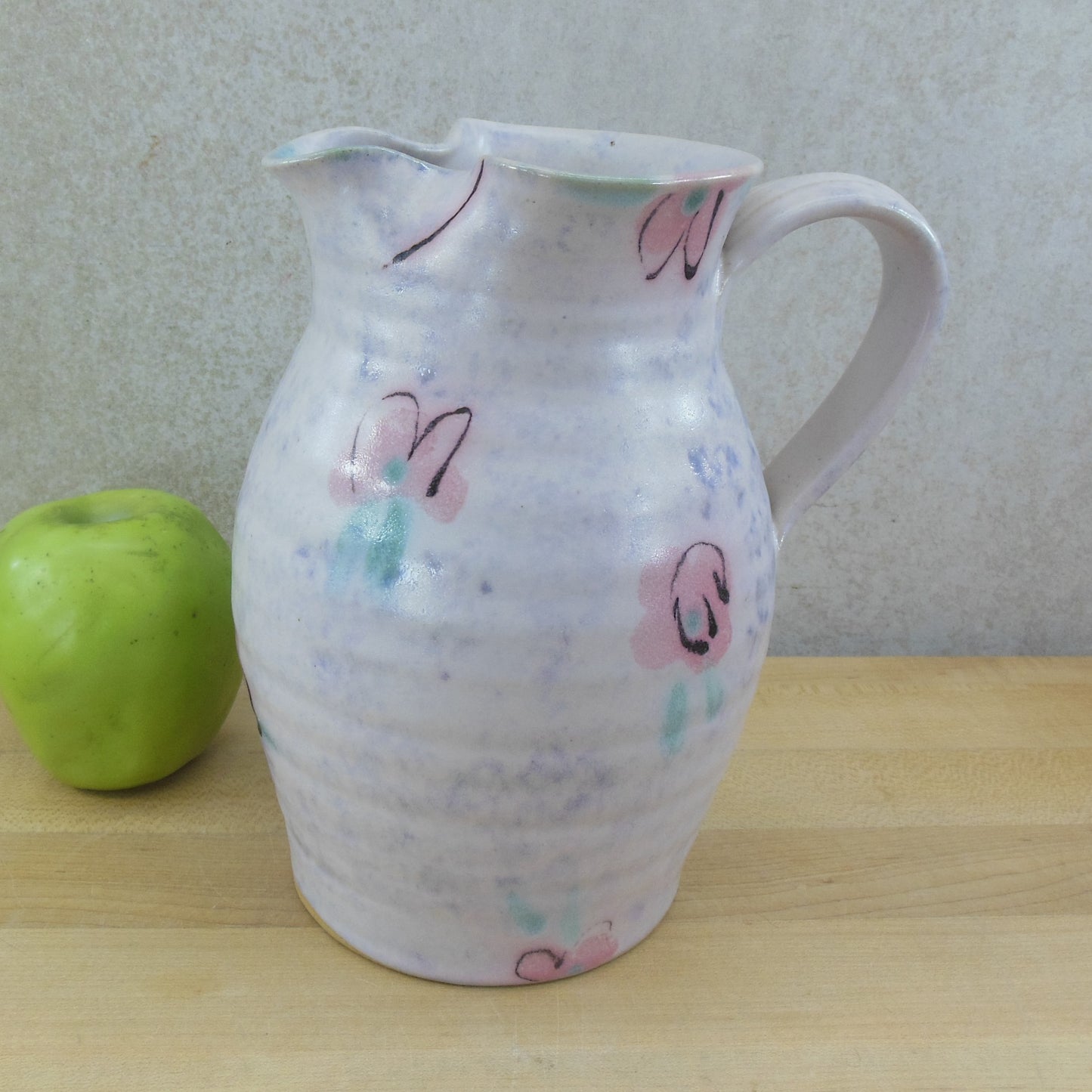 Made In Colorado Unsigned Pottery Pitcher Pink Flowers Purple Sponge used