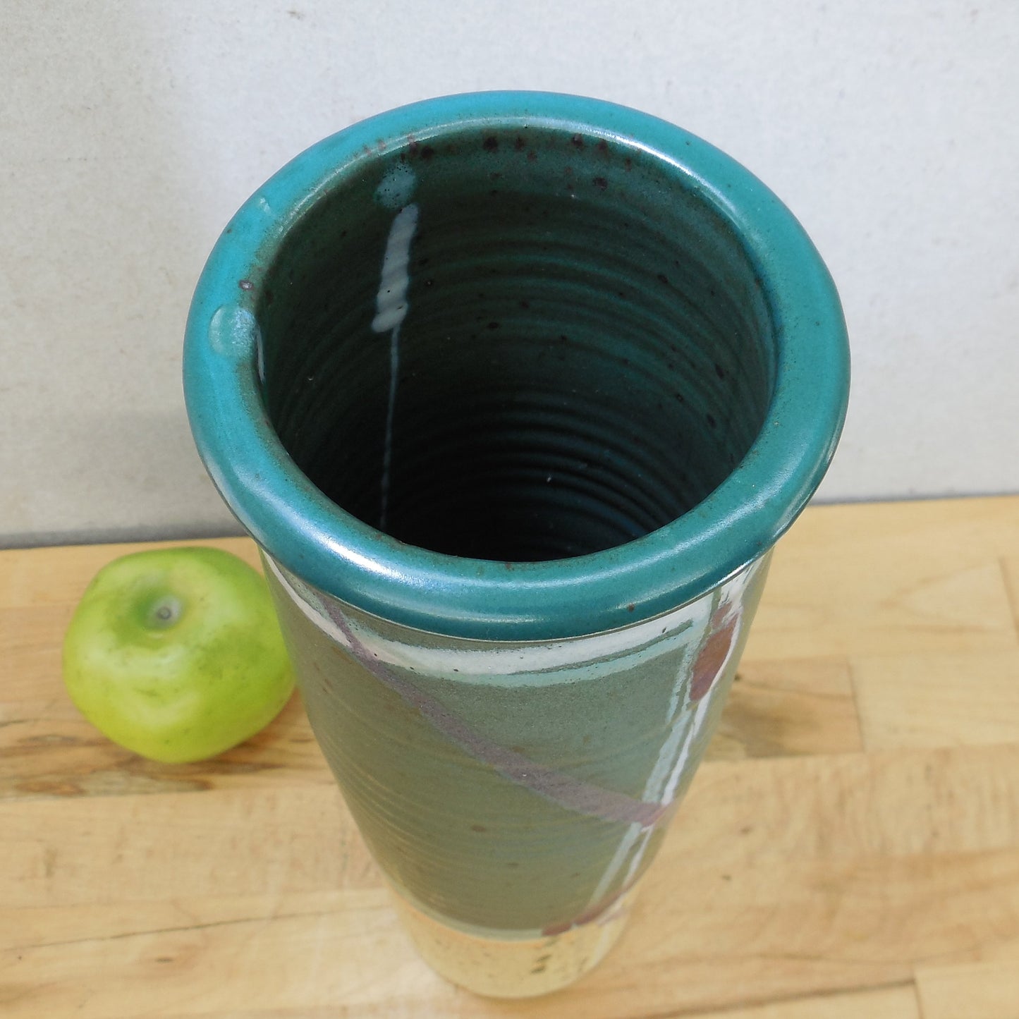 Mark Chamberlain 1991 Stoneware Pottery 13.5" Cylinder Vase Aqua Purple vintage