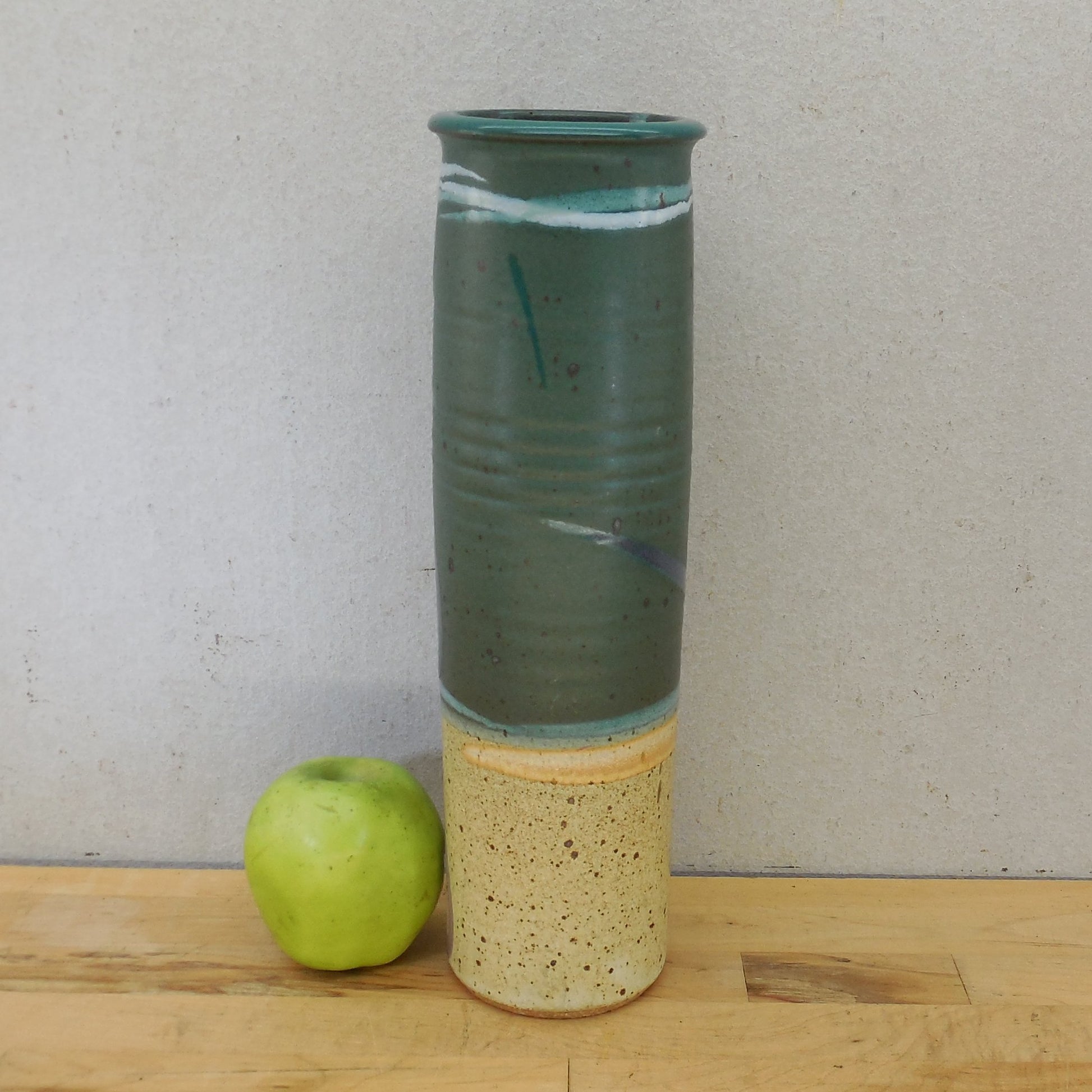 Mark Chamberlain 1991 Stoneware Pottery 13.5" Cylinder Vase Aqua Purple