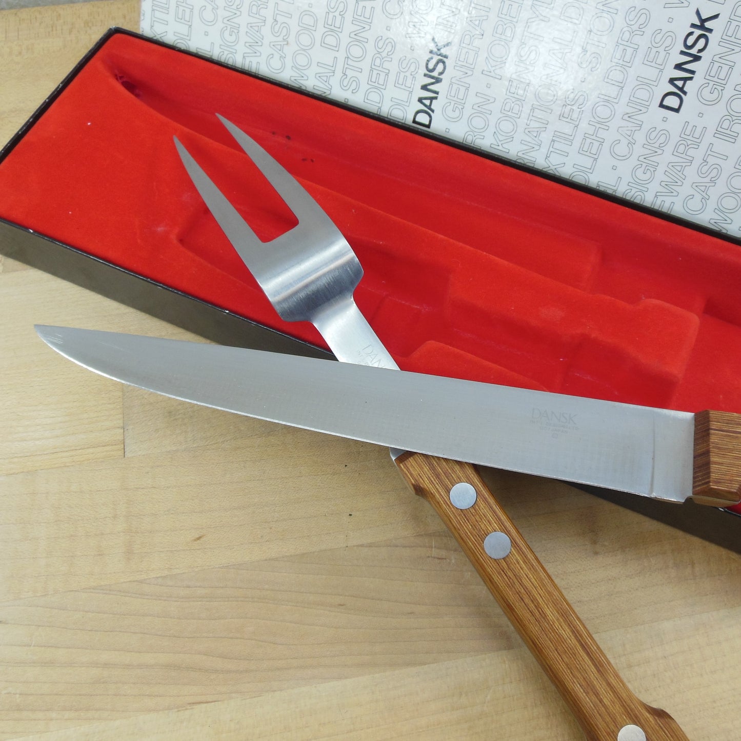 Dansk Japan Gunnar Cyren 8" Stainless Carving Knife Fork Set - Teak Handle Used Original Box