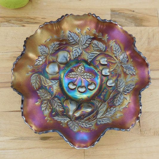 Northwood Amethyst Carnival Glass Three Fruits Cherries Dish Bowl