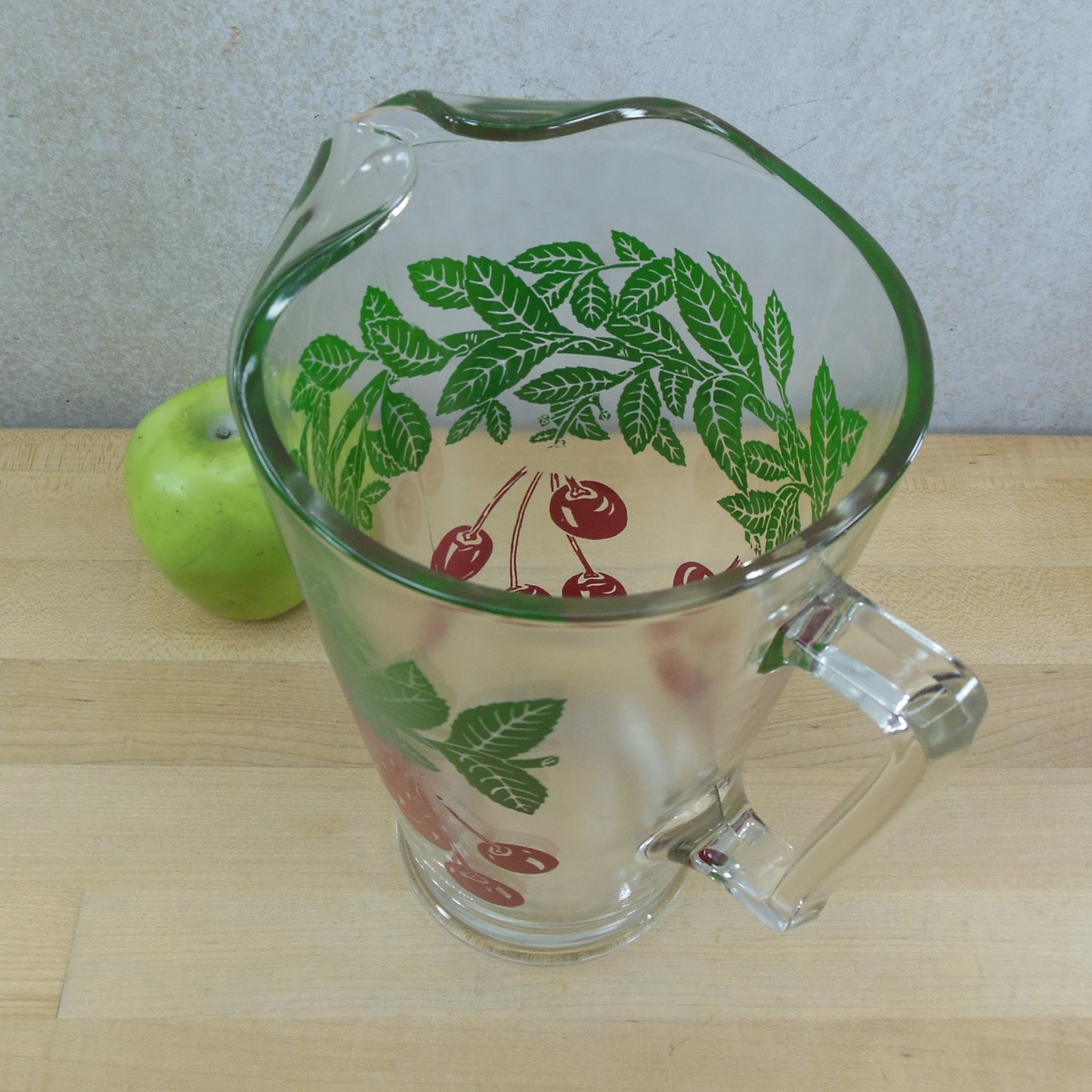 Glass 2 Quart Serving Drink Pitcher Red Cherries Green Leaves vintage mid century