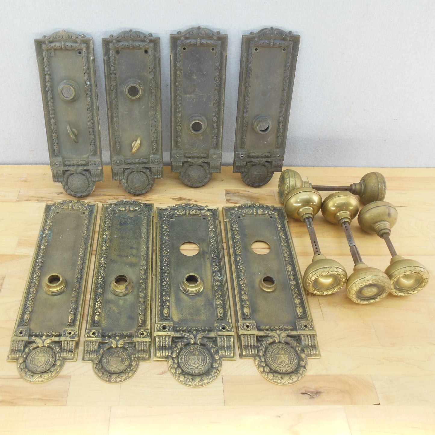 Antique Lot Yale Brass Mortise Door Lockset Parts - Seal Of The County Cook Ill.