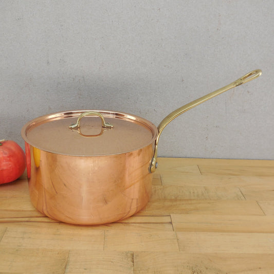 Unbranded Italy Copper Tin 2 Quart Saucepan & Lid Brass Handle