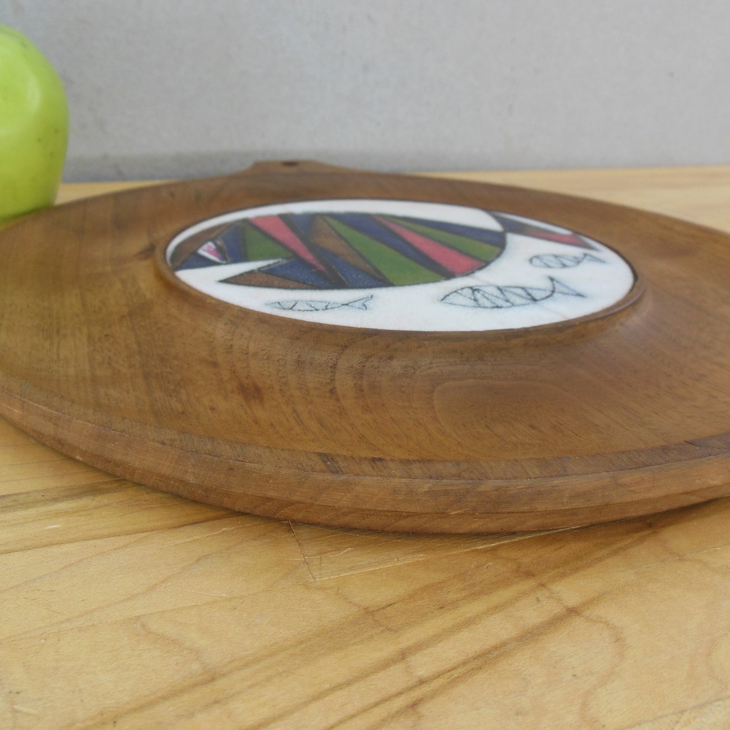 MCM Enamel Copper Walnut Cheese Serving Board Geometric Fish Vintage