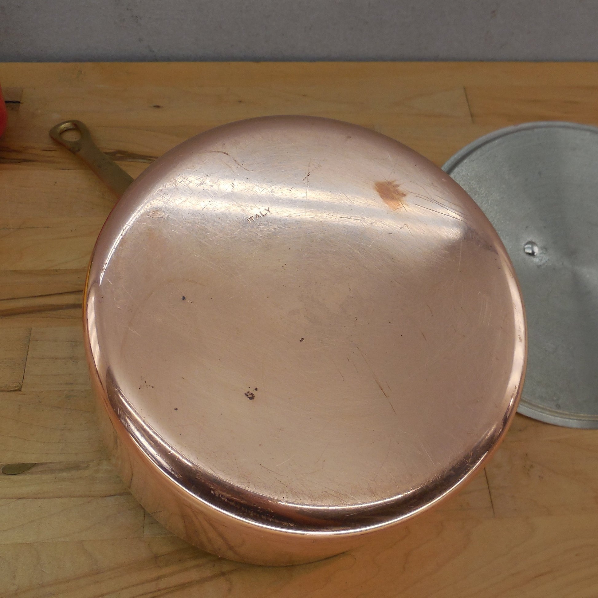 Unbranded Italy Copper Tin 2 Quart Saucepan & Lid Brass Handle Stamped