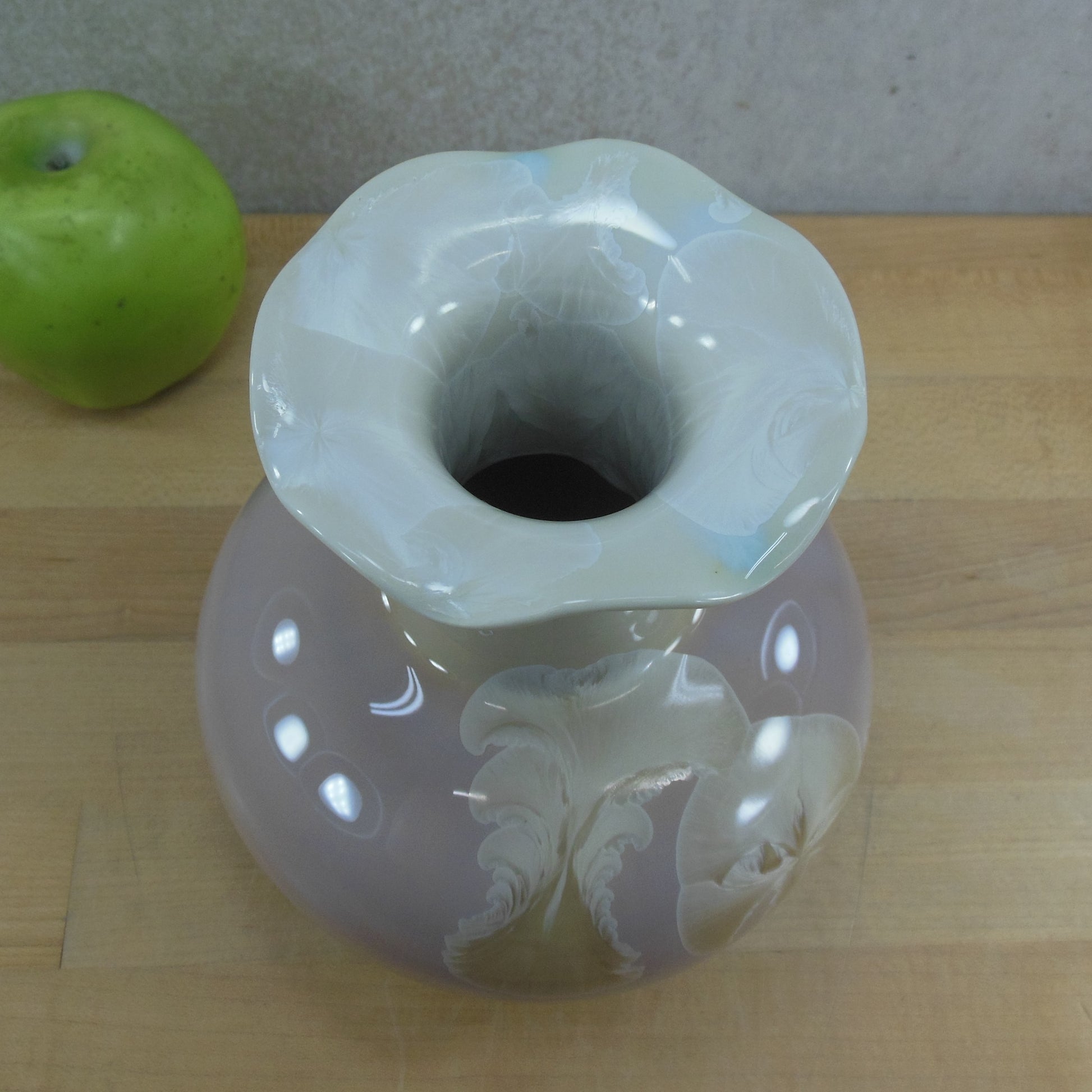 Unsigned Crystalline Pottery Vase Ruffled Rim Blue Tan Mauve Vintage
