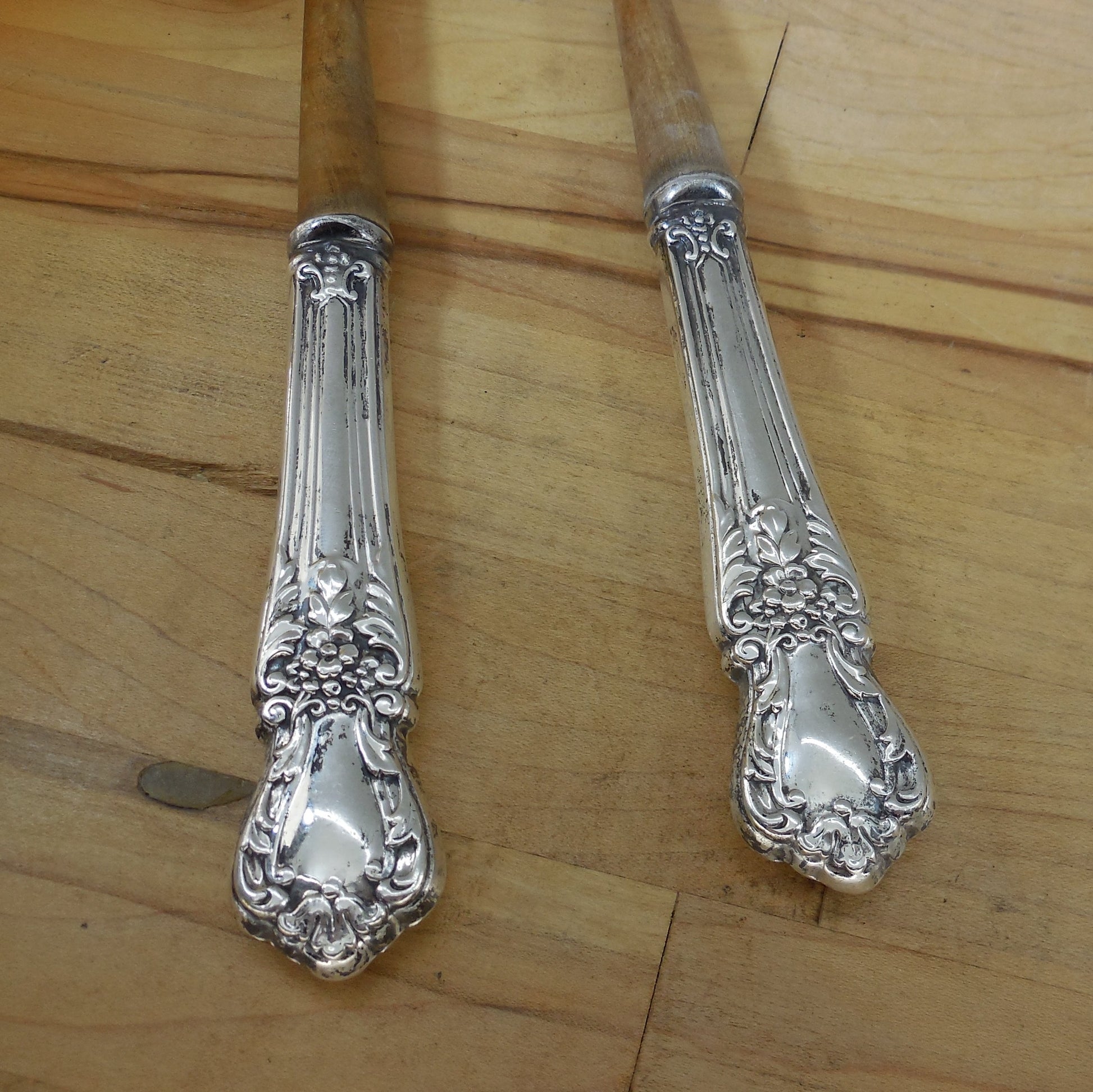 Crown Silver Co. CWV7 Sterling Wood Salad Servers Spoon Fork Flowers