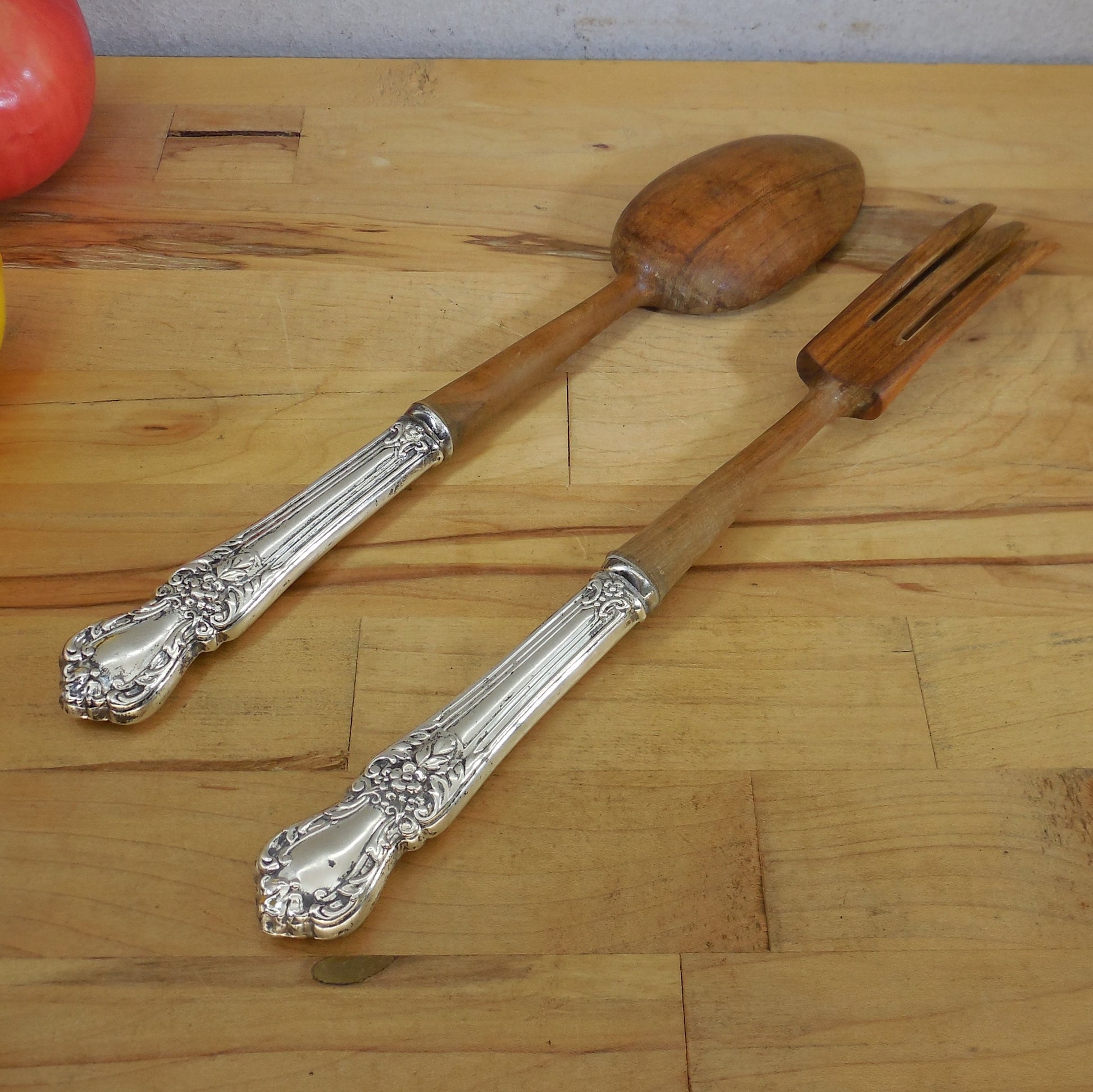 Crown Silver Co. CWV7 Sterling Wood Salad Servers Spoon Fork Used