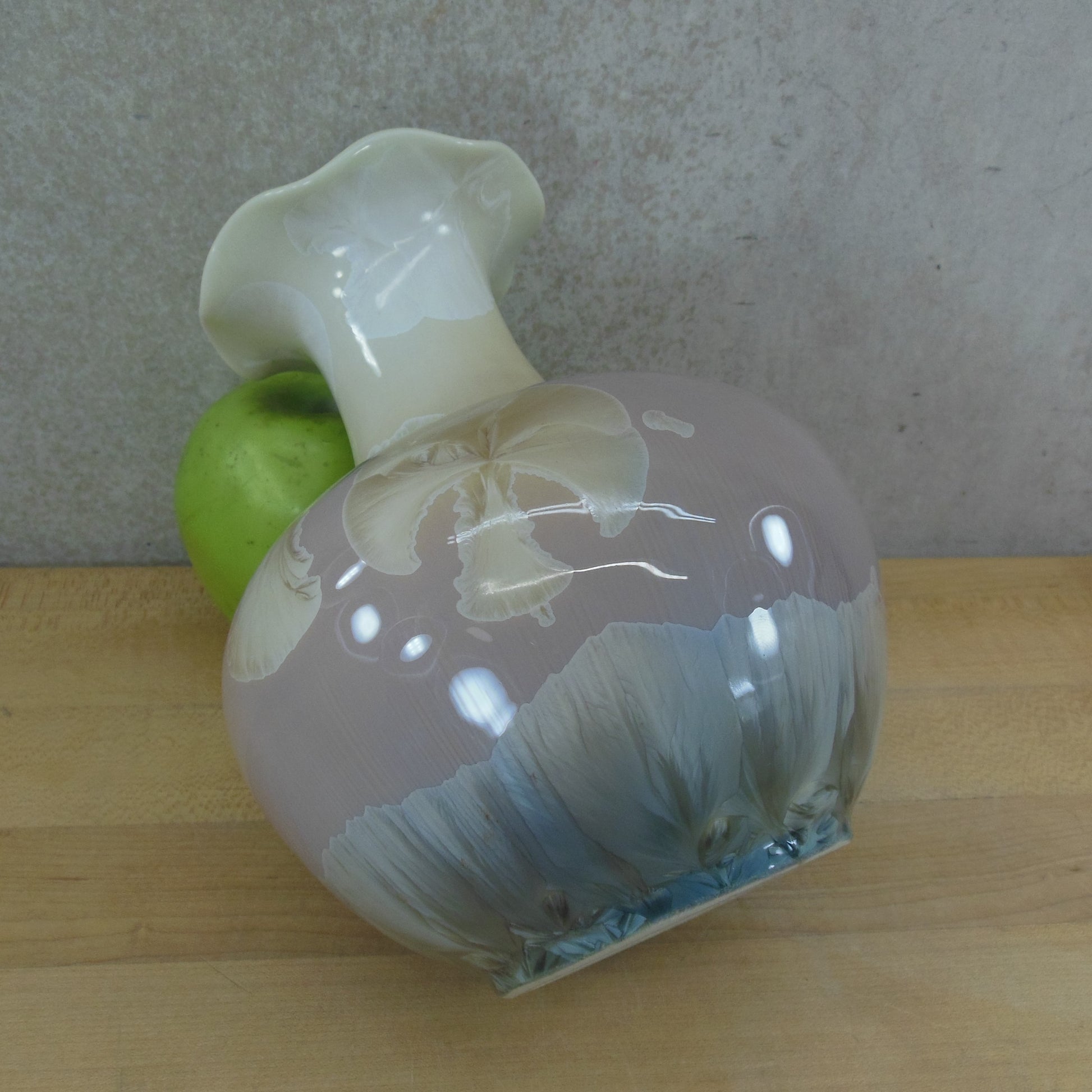 Unsigned Crystalline Pottery Vase Ruffled Rim Blue Tan Mauve Pink White
