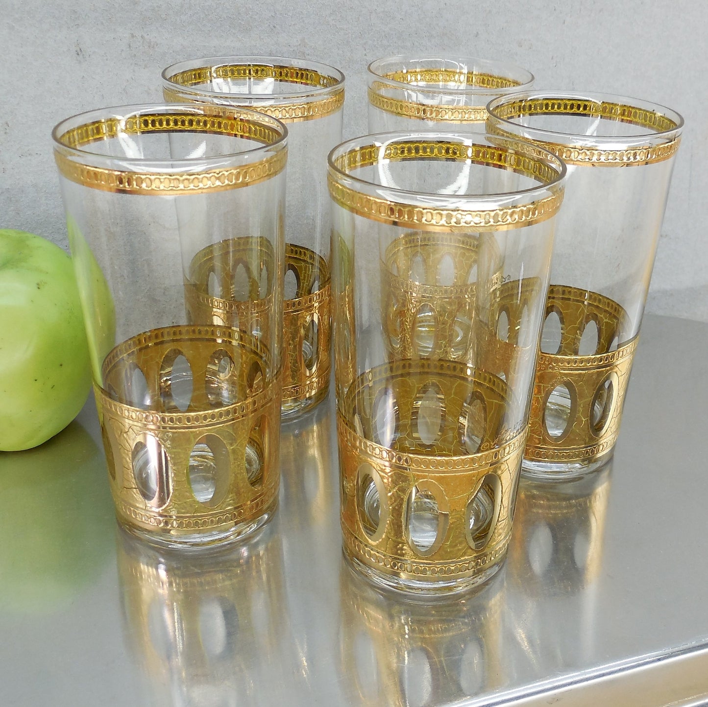 Culver Antigua 22K Gold Highball Drink Glass Tumblers - 5 Set Vintage