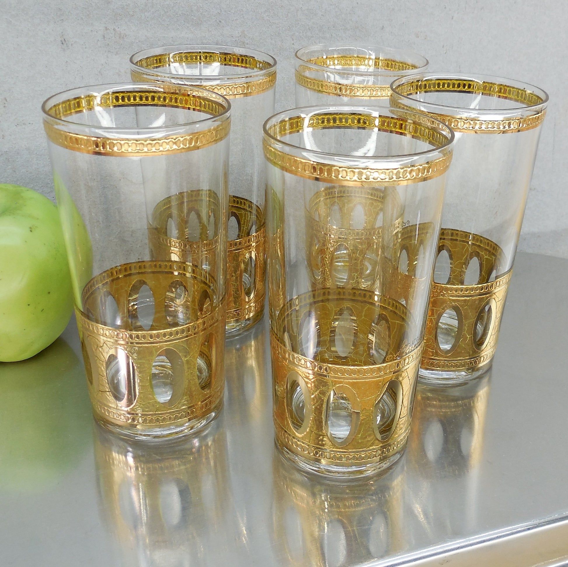 Culver Antigua 22K Gold Highball Drink Glass Tumblers - 5 Set Vintage