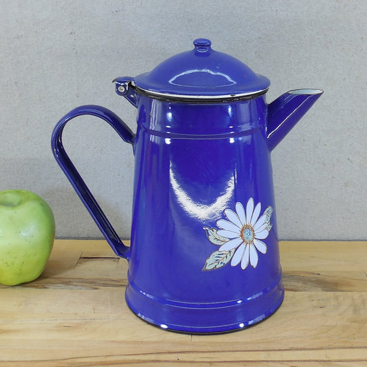 Huta Silesia Poland Daisy Flower Blue Enamelware Coffee Pot Stovetop