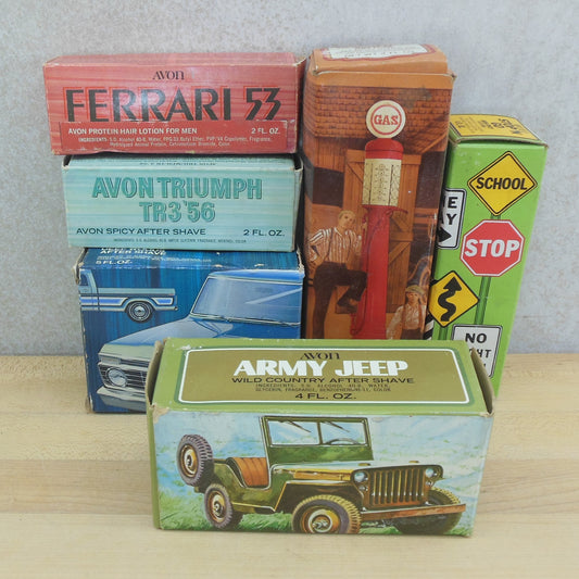 Avon After Shave Bottles Boxed 6 Lot - Ford Ranger Ferrari Army Jeep Gas Pump Stop Light Triumph