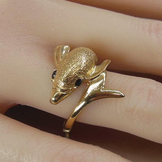 Dolphin 14K Yellow Gold Ring Ruby Eyes Size 7