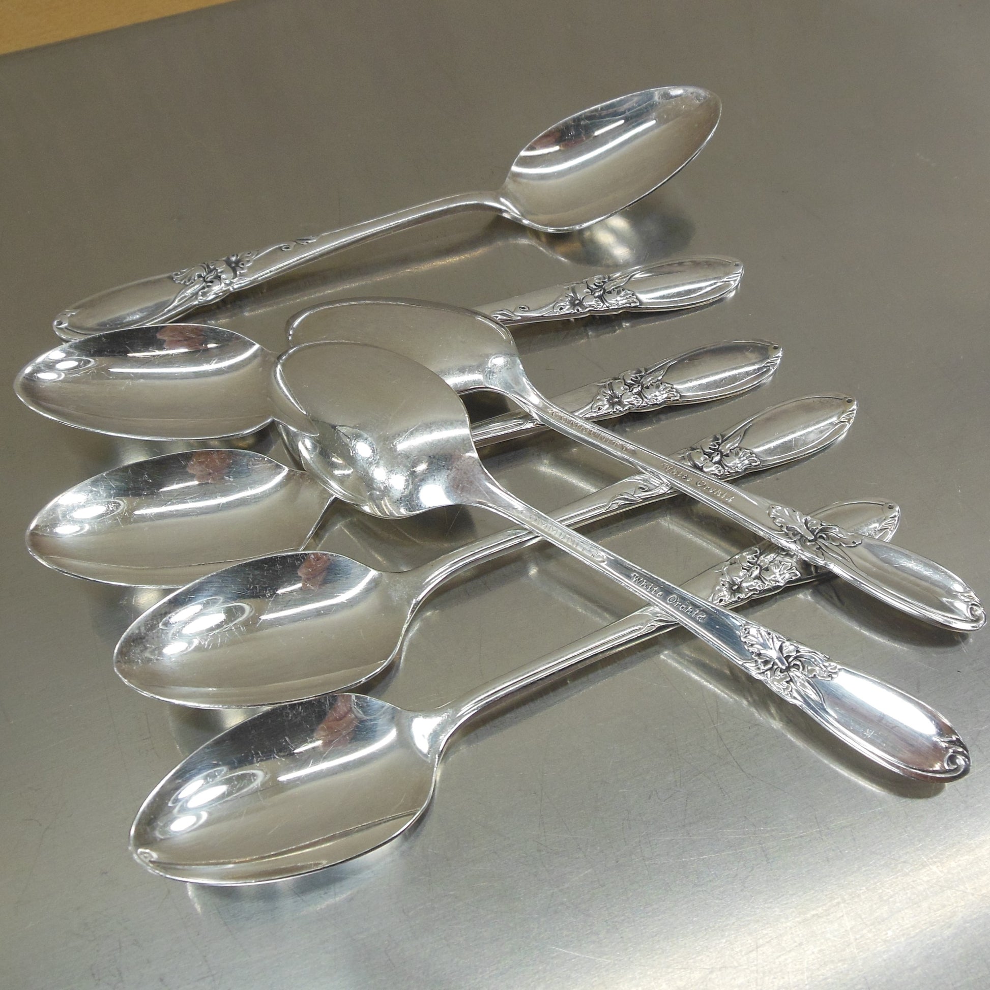 Oneida Community Silverplate White Orchid Demitasse Spoon - 7 Set Used