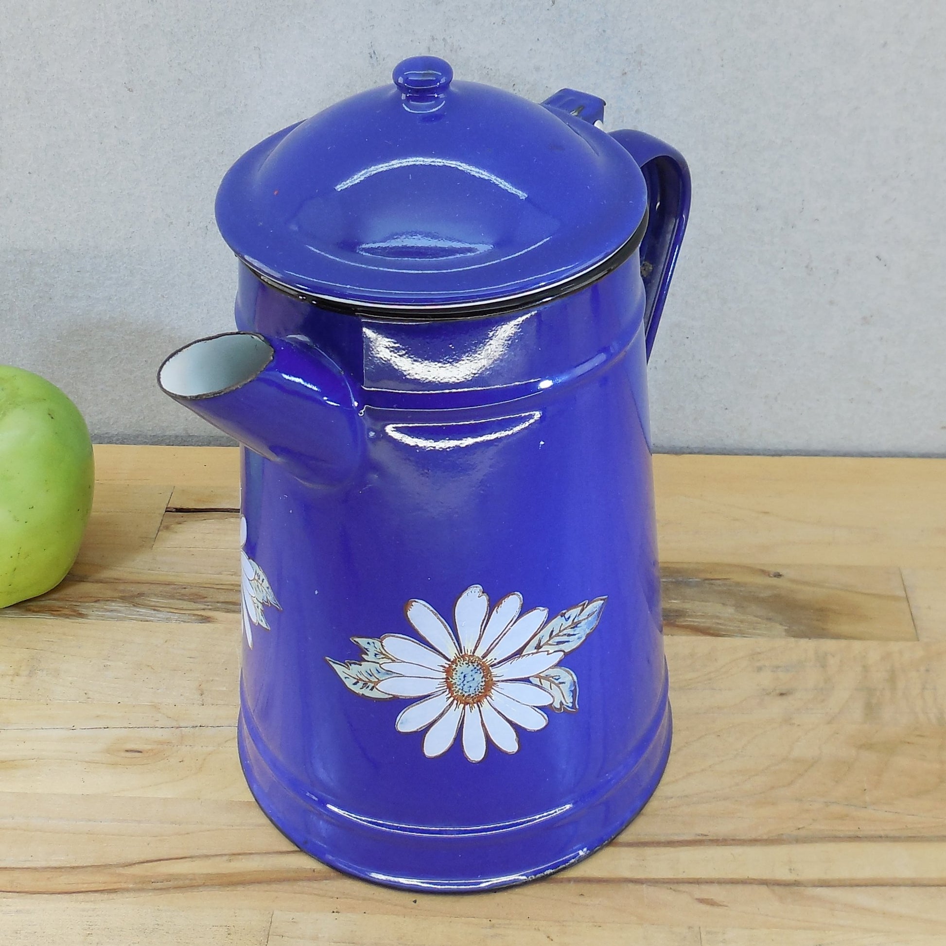 Huta Silesia Poland Daisy Flower Blue Enamelware Coffee Pot Stovetop Vintage