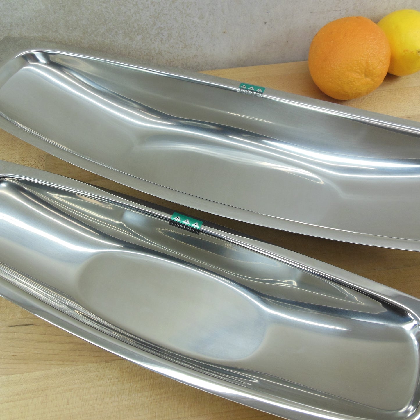 DKF Lundtofte Denmark Stainless Pair Long Serving Bowls NOS Vintage MCM