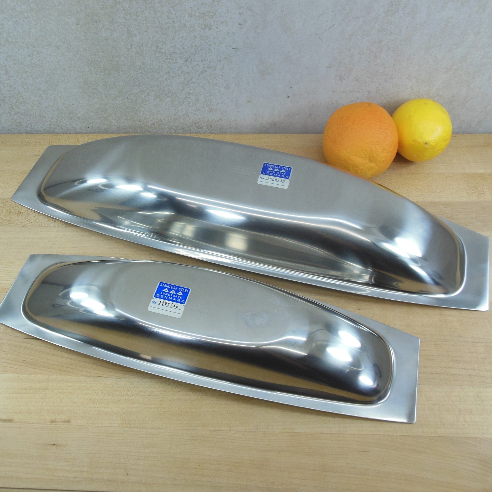 DKF Lundtofte Denmark Stainless Pair Long Serving Bowls NOS long narrow