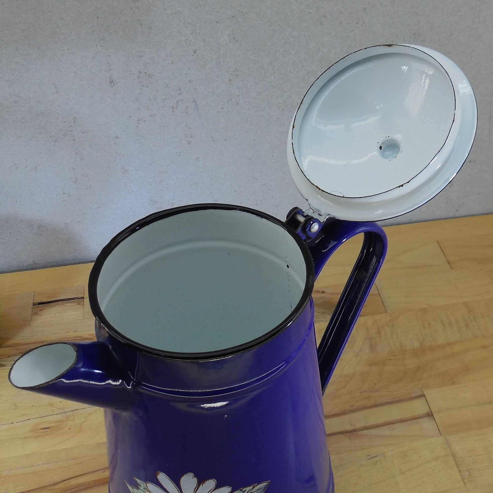 Huta Silesia Poland Daisy Flower Blue Enamelware Coffee Pot Stovetop Lid